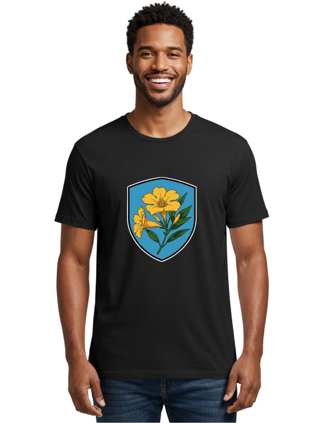 Yellow-Flowers-Shield Men'S Graphic Tee, 100% Cotton, Comfortable Casual Summer Wear, Machine Washable, Vintage Camera, Old Camera, Antique Camera, Black Camera, Classic Photography, Photography Equipment, Nostalgic Device, Film Camera, Ban998
