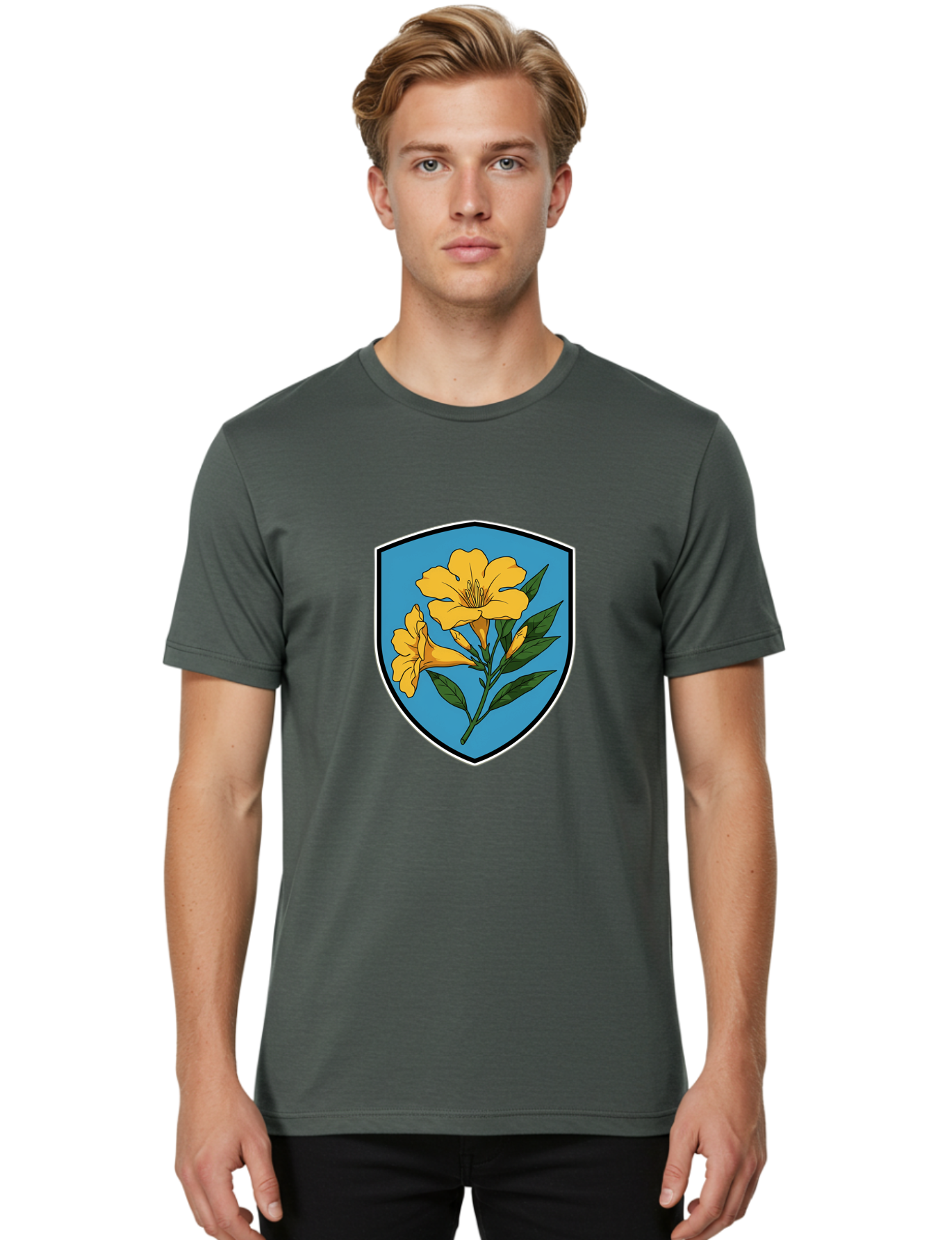 Yellow-Flowers-Shield Men'S Graphic Tee, 100% Cotton, Comfortable Casual Summer Wear, Machine Washable, Vintage Camera, Old Camera, Antique Camera, Black Camera, Classic Photography, Photography Equipment, Nostalgic Device, Film Camera, Ban998