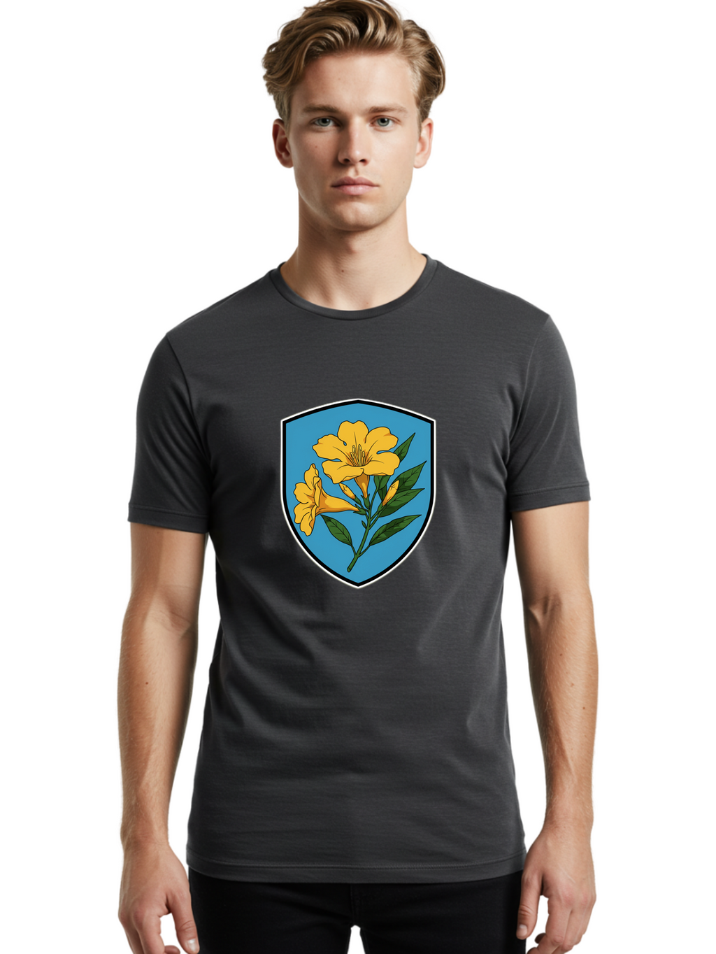 Yellow-Flowers-Shield Men'S Graphic Tee, 100% Cotton, Comfortable Casual Summer Wear, Machine Washable, Vintage Camera, Old Camera, Antique Camera, Black Camera, Classic Photography, Photography Equipment, Nostalgic Device, Film Camera, Ban998