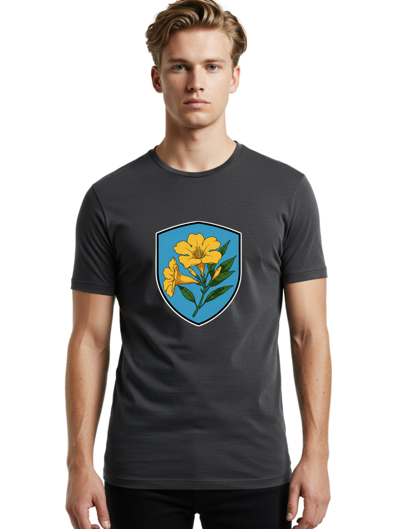 Yellow-Flowers-Shield Men'S Graphic Tee, 100% Cotton, Comfortable Casual Summer Wear, Machine Washable, Vintage Camera, Old Camera, Antique Camera, Black Camera, Classic Photography, Photography Equipment, Nostalgic Device, Film Camera, Ban998