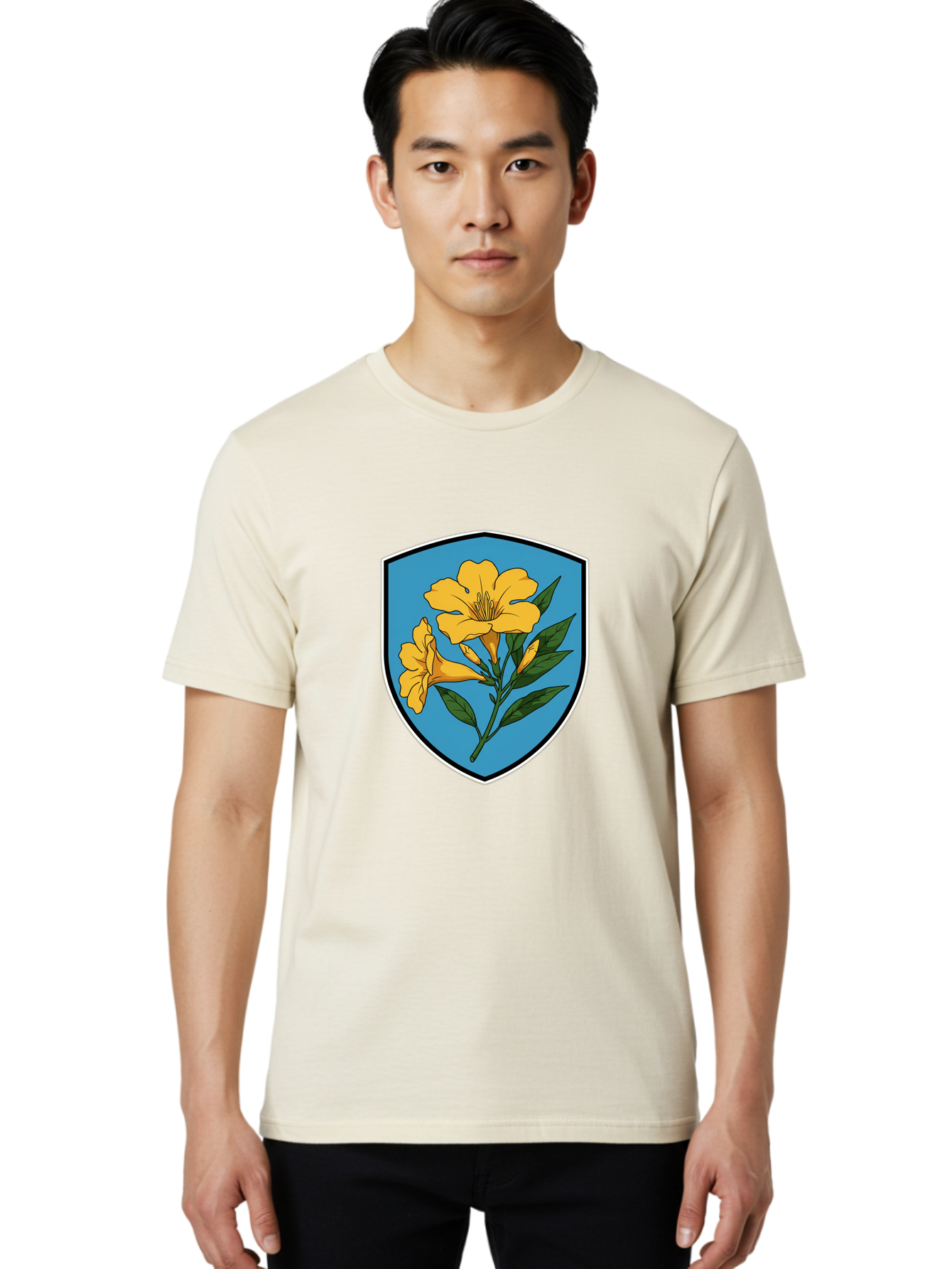 Yellow-Flowers-Shield Men'S Graphic Tee, 100% Cotton, Comfortable Casual Summer Wear, Machine Washable, Vintage Camera, Old Camera, Antique Camera, Black Camera, Classic Photography, Photography Equipment, Nostalgic Device, Film Camera, Ban998