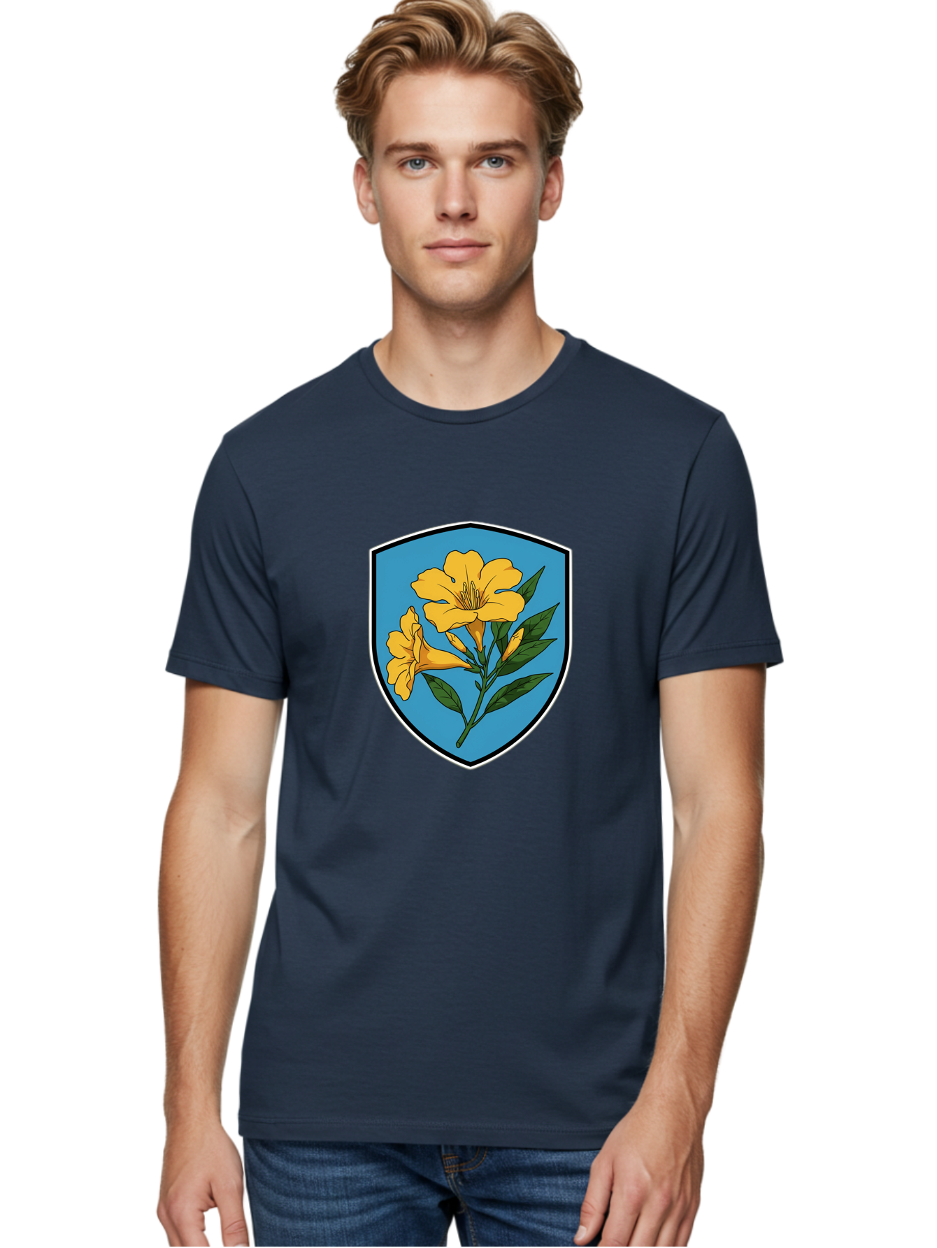 Yellow-Flowers-Shield Men'S Graphic Tee, 100% Cotton, Comfortable Casual Summer Wear, Machine Washable, Vintage Camera, Old Camera, Antique Camera, Black Camera, Classic Photography, Photography Equipment, Nostalgic Device, Film Camera, Ban998