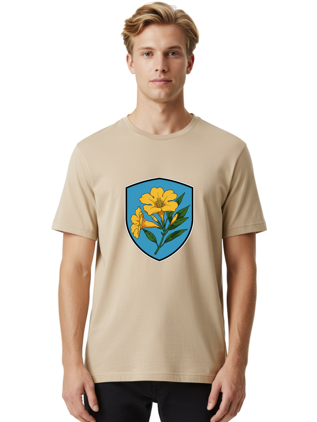 Yellow-Flowers-Shield Men'S Graphic Tee, 100% Cotton, Comfortable Casual Summer Wear, Machine Washable, Vintage Camera, Old Camera, Antique Camera, Black Camera, Classic Photography, Photography Equipment, Nostalgic Device, Film Camera, Ban998