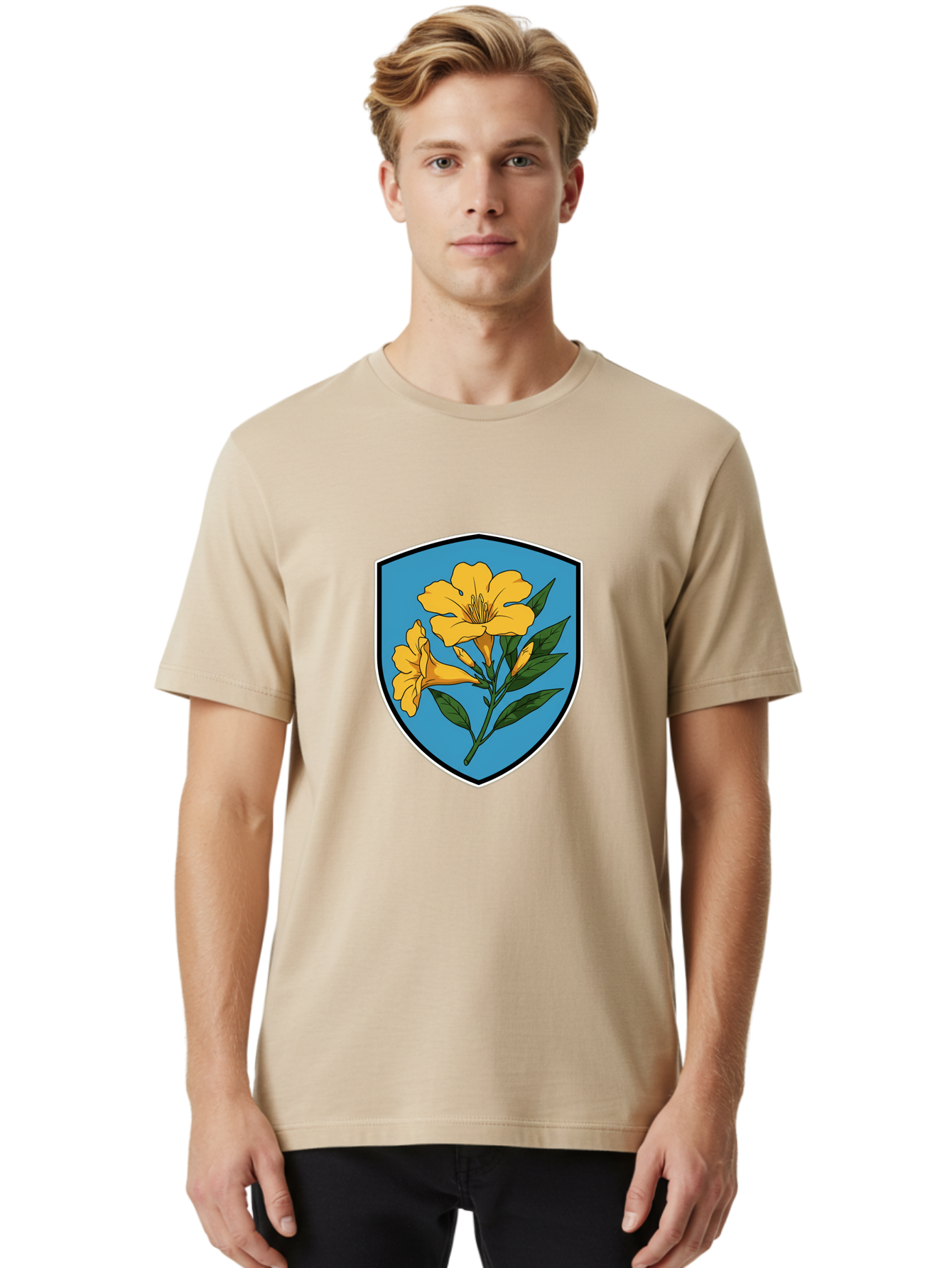 Yellow-Flowers-Shield Men'S Graphic Tee, 100% Cotton, Comfortable Casual Summer Wear, Machine Washable, Vintage Camera, Old Camera, Antique Camera, Black Camera, Classic Photography, Photography Equipment, Nostalgic Device, Film Camera, Ban998