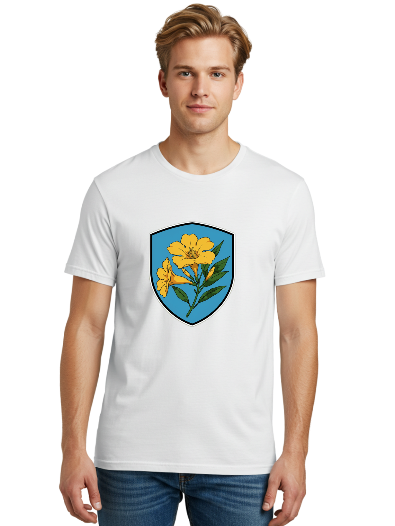 Yellow-Flowers-Shield Men'S Graphic Tee, 100% Cotton, Comfortable Casual Summer Wear, Machine Washable, Vintage Camera, Old Camera, Antique Camera, Black Camera, Classic Photography, Photography Equipment, Nostalgic Device, Film Camera, Ban998