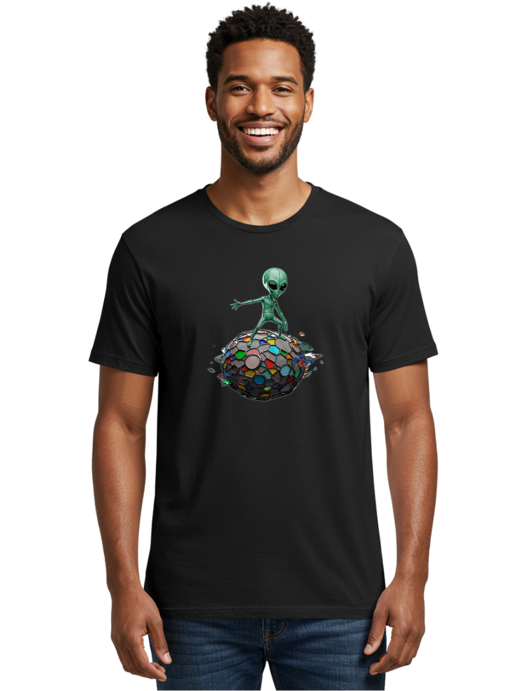 Alien-On-Mosaic-Globe Men'S Graphic Tee, 100% Cotton, Comfortable Casual Summer Wear, Machine Washable, Vintage Camera, Old Camera, Antique Camera, Black Camera, Classic Photography, Photography Equipment, Nostalgic Device, Film Camera, Bao041