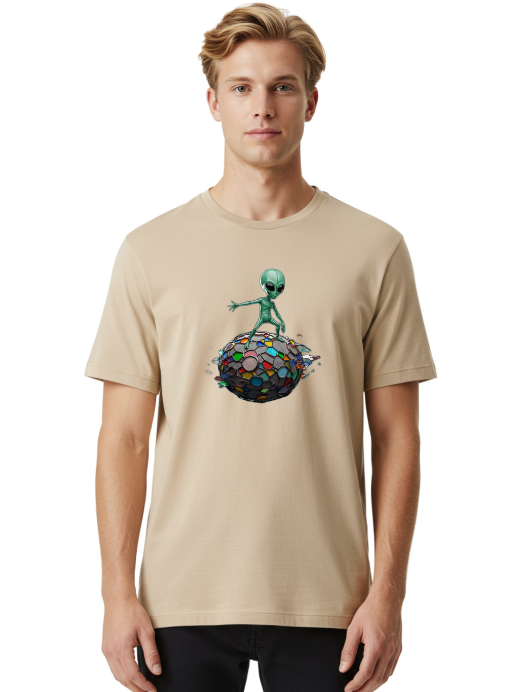 Alien-On-Mosaic-Globe Men'S Graphic Tee, 100% Cotton, Comfortable Casual Summer Wear, Machine Washable, Vintage Camera, Old Camera, Antique Camera, Black Camera, Classic Photography, Photography Equipment, Nostalgic Device, Film Camera, Bao041