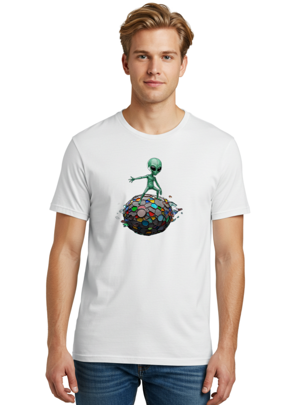 Alien-On-Mosaic-Globe Men'S Graphic Tee, 100% Cotton, Comfortable Casual Summer Wear, Machine Washable, Vintage Camera, Old Camera, Antique Camera, Black Camera, Classic Photography, Photography Equipment, Nostalgic Device, Film Camera, Bao041