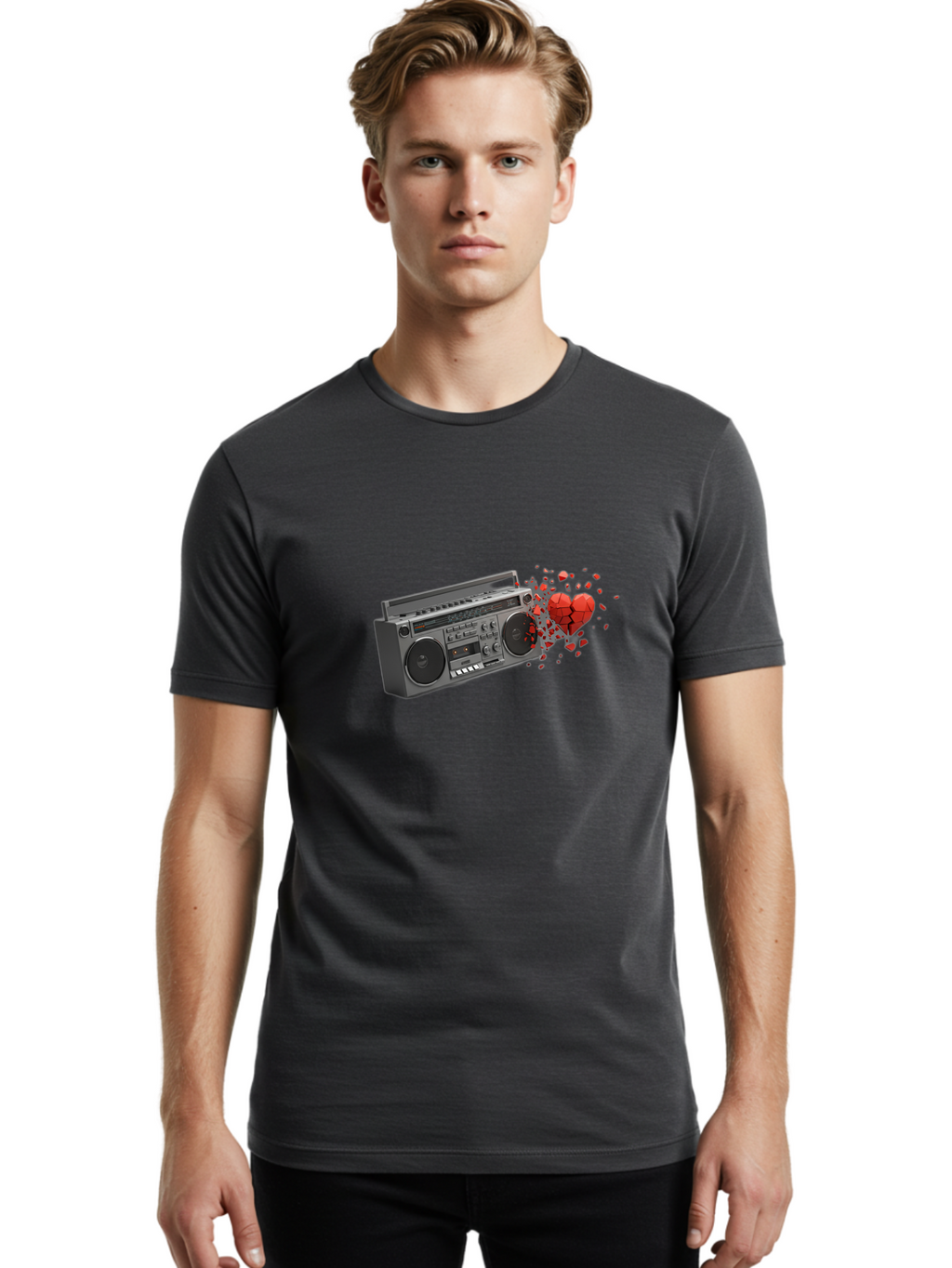 Boombox-Heart Men'S Graphic Tee, 100% Cotton, Comfortable Casual Summer Wear, Machine Washable, Vintage Camera, Old Camera, Antique Camera, Black Camera, Classic Photography, Photography Equipment, Nostalgic Device, Film Camera, Camera Art Bao146