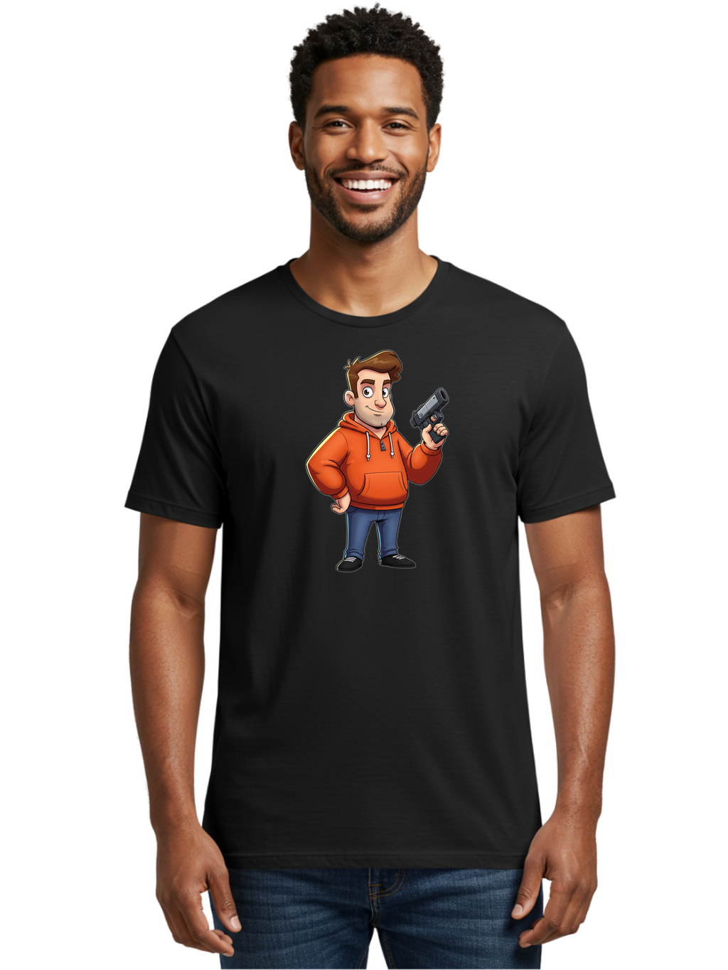 Cartoon-Man-With-Gun Men'S Graphic Tee, 100% Cotton, Comfortable Casual Summer Wear, Machine Washable, Vintage Camera, Old Camera, Antique Camera, Black Camera, Classic Photography, Photography Equipment, Nostalgic Device, Film Camera, Bao190