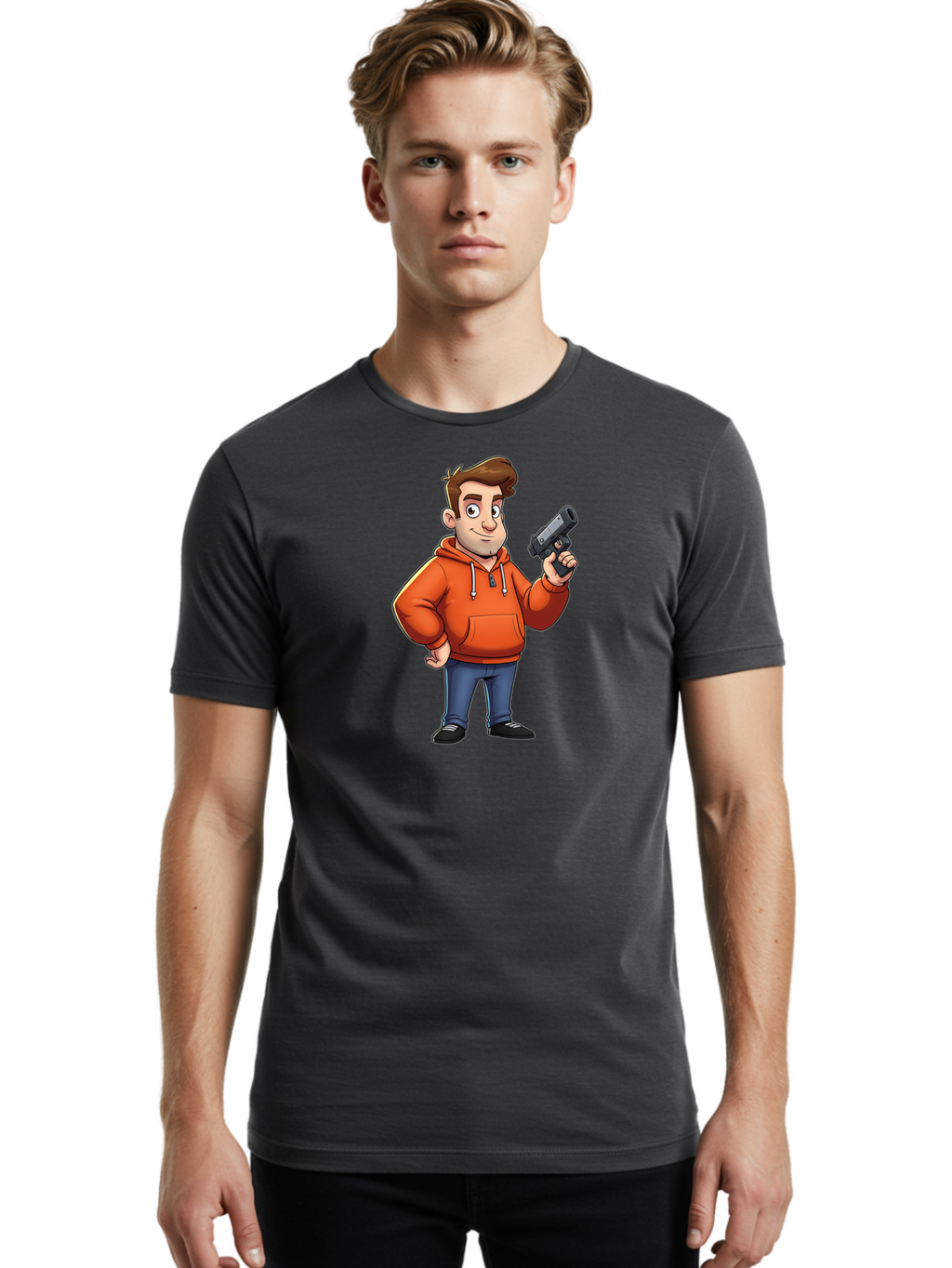 Cartoon-Man-With-Gun Men'S Graphic Tee, 100% Cotton, Comfortable Casual Summer Wear, Machine Washable, Vintage Camera, Old Camera, Antique Camera, Black Camera, Classic Photography, Photography Equipment, Nostalgic Device, Film Camera, Bao190