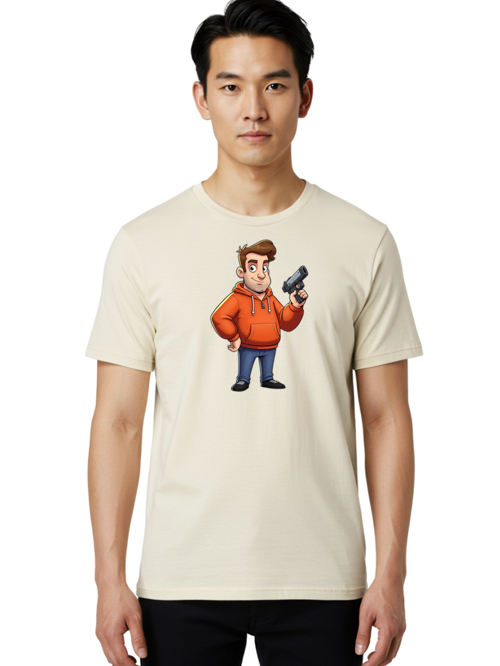 Cartoon-Man-With-Gun Men'S Graphic Tee, 100% Cotton, Comfortable Casual Summer Wear, Machine Washable, Vintage Camera, Old Camera, Antique Camera, Black Camera, Classic Photography, Photography Equipment, Nostalgic Device, Film Camera, Bao190