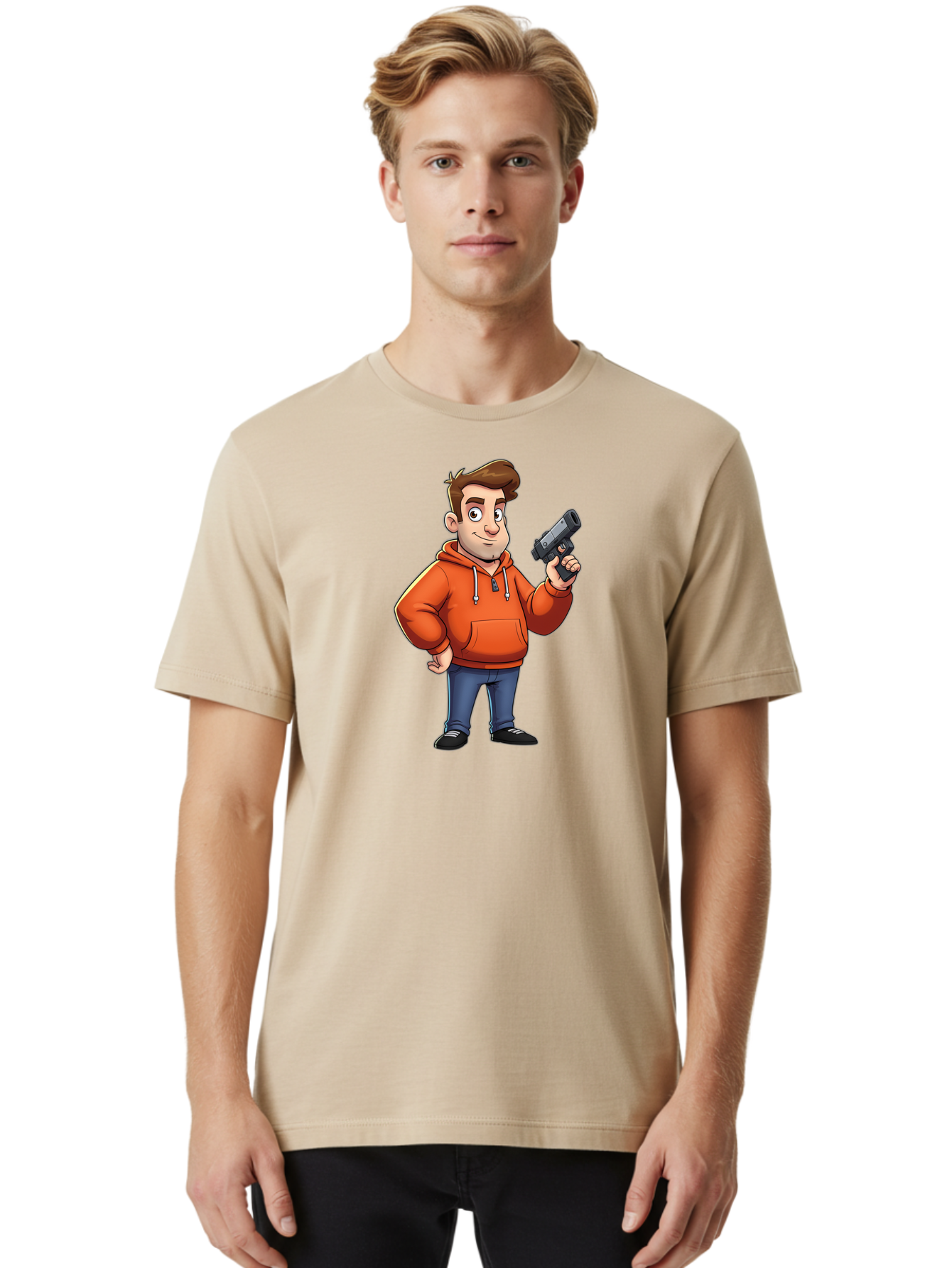 Cartoon-Man-With-Gun Men'S Graphic Tee, 100% Cotton, Comfortable Casual Summer Wear, Machine Washable, Vintage Camera, Old Camera, Antique Camera, Black Camera, Classic Photography, Photography Equipment, Nostalgic Device, Film Camera, Bao190