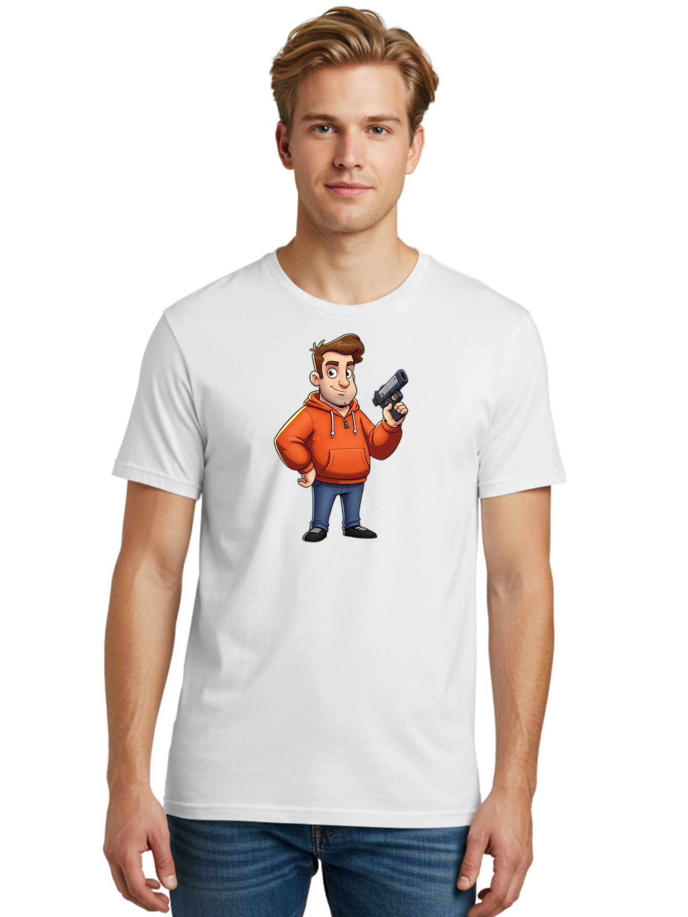 Cartoon-Man-With-Gun Men'S Graphic Tee, 100% Cotton, Comfortable Casual Summer Wear, Machine Washable, Vintage Camera, Old Camera, Antique Camera, Black Camera, Classic Photography, Photography Equipment, Nostalgic Device, Film Camera, Bao190