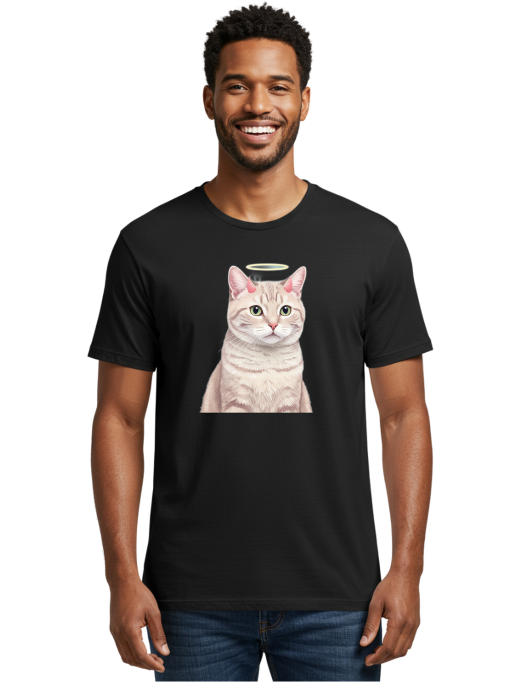 Cat-With-Halo-1 Men'S Graphic Tee, 100% Cotton, Comfortable Casual Summer Wear, Machine Washable, Vintage Camera, Old Camera, Antique Camera, Black Camera, Classic Photography, Photography Equipment, Nostalgic Device, Film Camera, Camera Art Bao204
