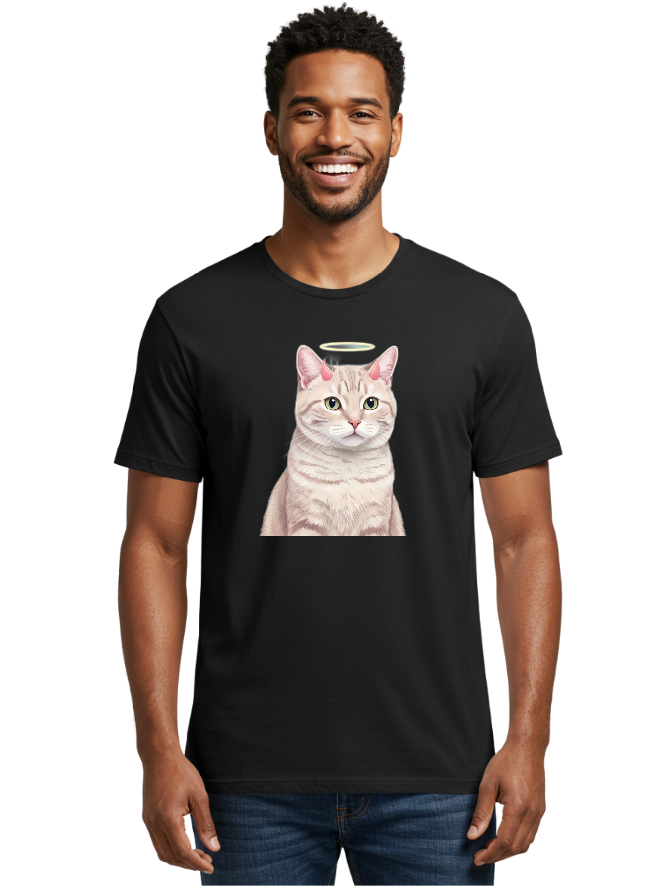 Cat-With-Halo-1 Men'S Graphic Tee, 100% Cotton, Comfortable Casual Summer Wear, Machine Washable, Vintage Camera, Old Camera, Antique Camera, Black Camera, Classic Photography, Photography Equipment, Nostalgic Device, Film Camera, Camera Art Bao204