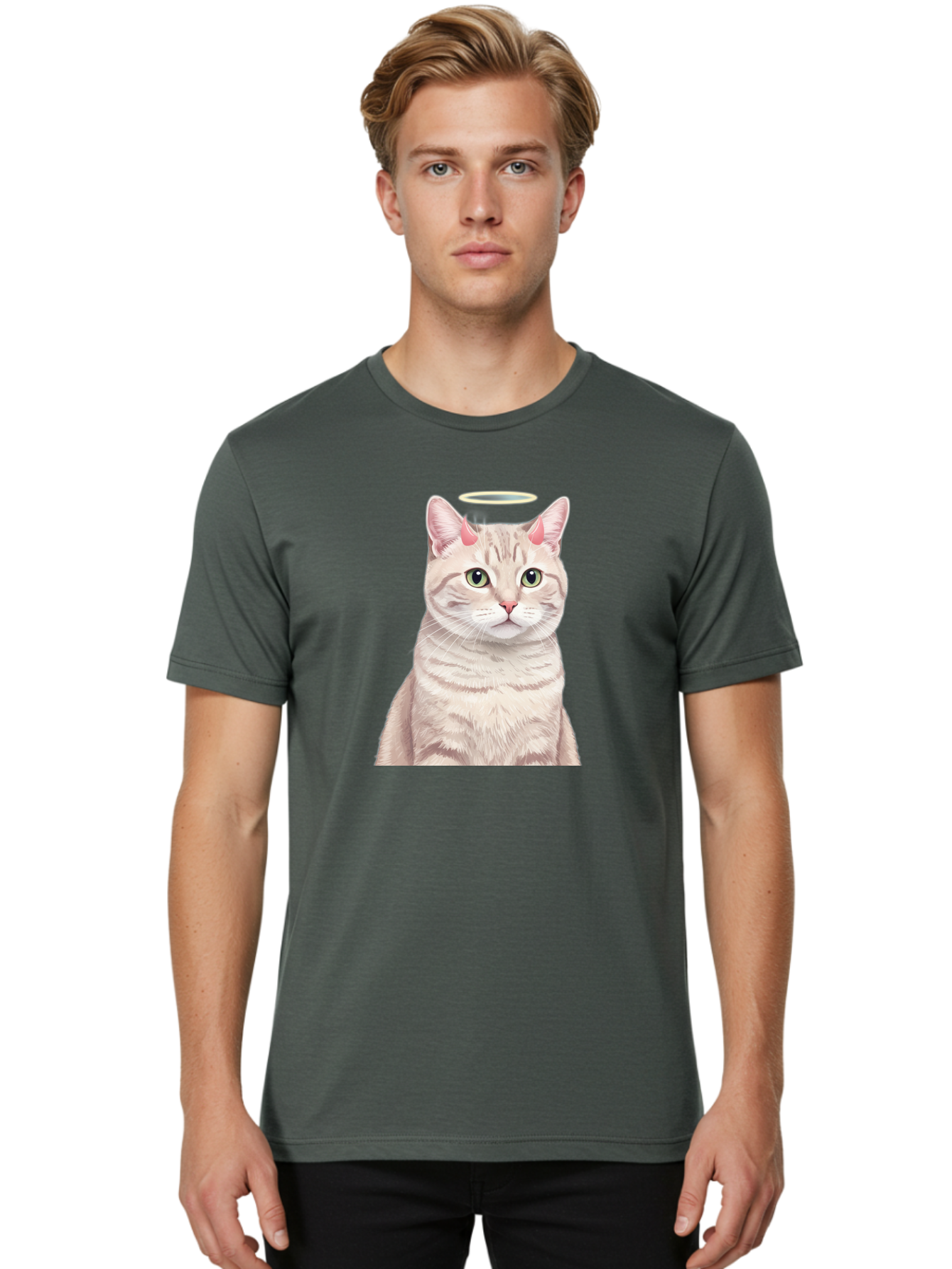 Cat-With-Halo-1 Men'S Graphic Tee, 100% Cotton, Comfortable Casual Summer Wear, Machine Washable, Vintage Camera, Old Camera, Antique Camera, Black Camera, Classic Photography, Photography Equipment, Nostalgic Device, Film Camera, Camera Art Bao204