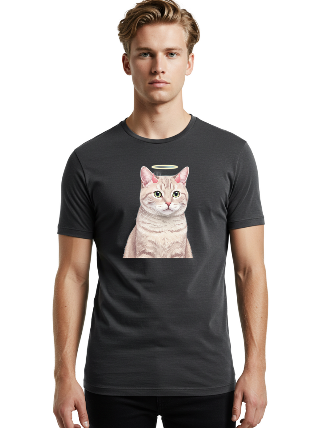 Cat-With-Halo-1 Men'S Graphic Tee, 100% Cotton, Comfortable Casual Summer Wear, Machine Washable, Vintage Camera, Old Camera, Antique Camera, Black Camera, Classic Photography, Photography Equipment, Nostalgic Device, Film Camera, Camera Art Bao204
