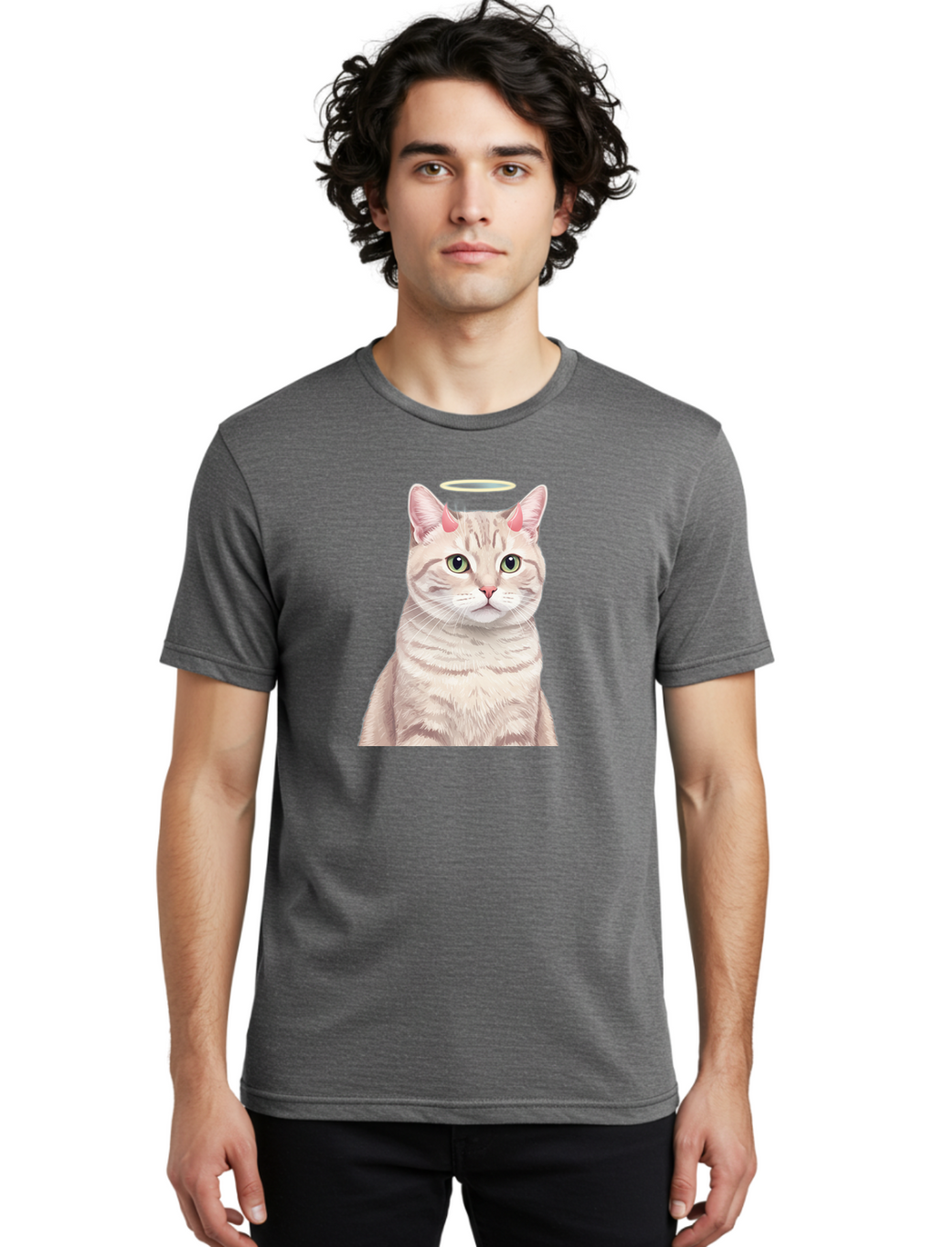 Cat-With-Halo-1 Men'S Graphic Tee, 100% Cotton, Comfortable Casual Summer Wear, Machine Washable, Vintage Camera, Old Camera, Antique Camera, Black Camera, Classic Photography, Photography Equipment, Nostalgic Device, Film Camera, Camera Art Bao204