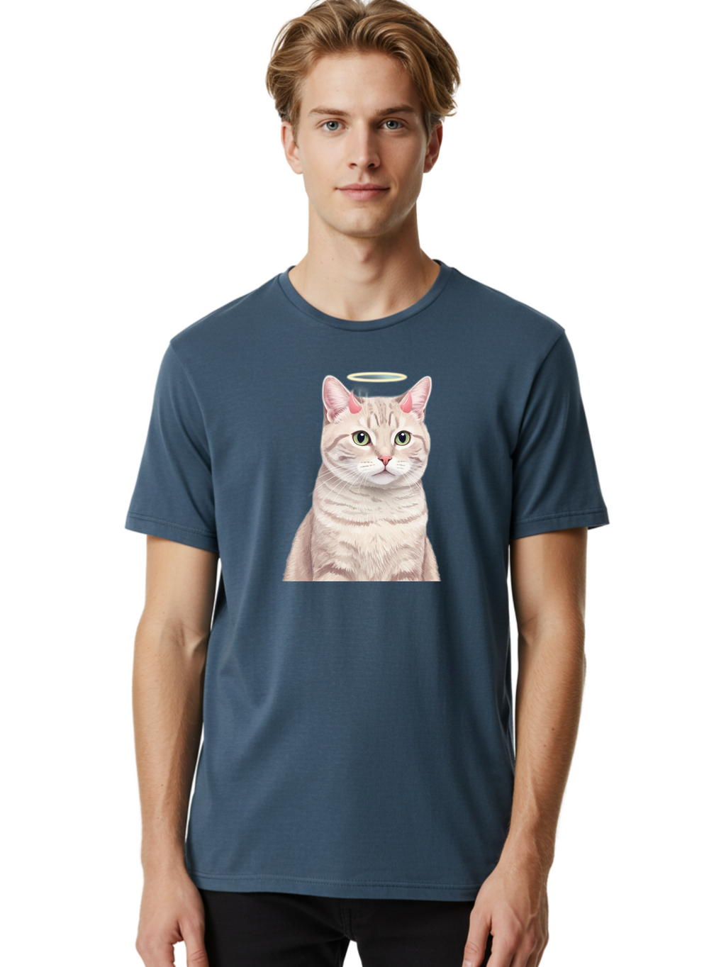 Cat-With-Halo-1 Men'S Graphic Tee, 100% Cotton, Comfortable Casual Summer Wear, Machine Washable, Vintage Camera, Old Camera, Antique Camera, Black Camera, Classic Photography, Photography Equipment, Nostalgic Device, Film Camera, Camera Art Bao204