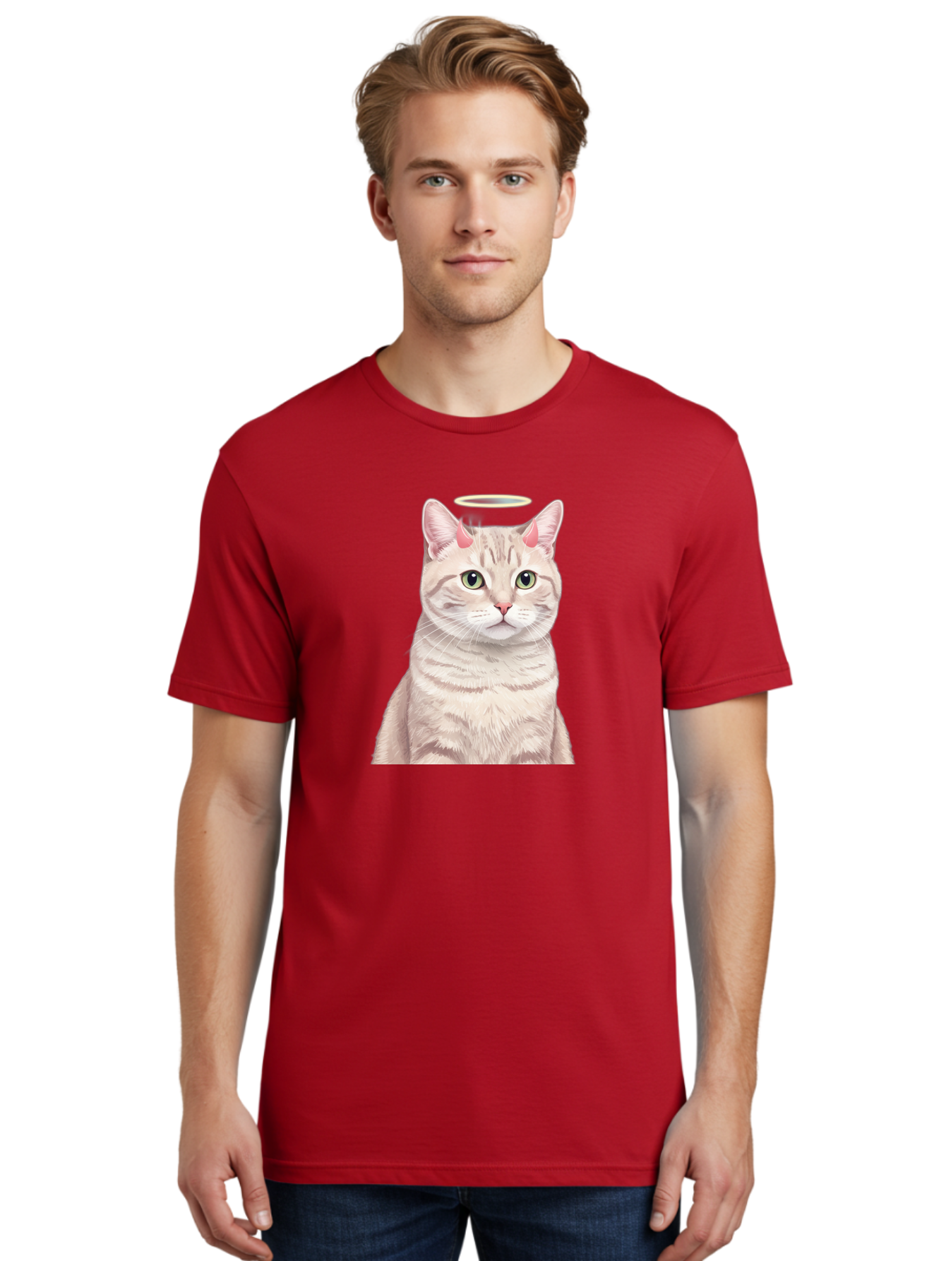 Cat-With-Halo-1 Men'S Graphic Tee, 100% Cotton, Comfortable Casual Summer Wear, Machine Washable, Vintage Camera, Old Camera, Antique Camera, Black Camera, Classic Photography, Photography Equipment, Nostalgic Device, Film Camera, Camera Art Bao204