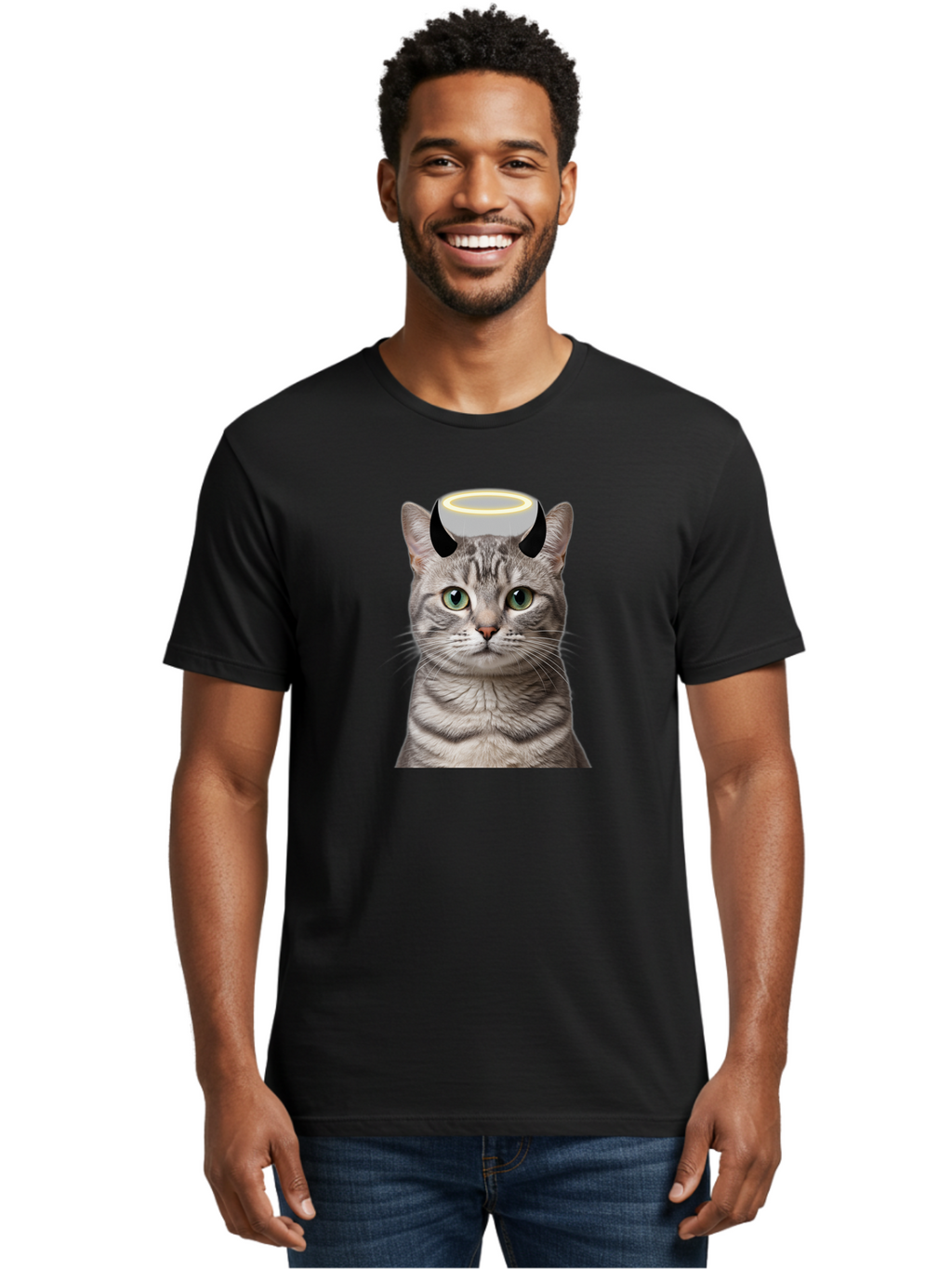 Cat-With-Halo-And-Devil-Ears Men'S Graphic Tee, 100% Cotton, Comfortable Casual Summer Wear, Machine Washable, Vintage Camera, Old Camera, Antique Camera, Black Camera, Classic Photography, Photography Equipment, Nostalgic Device, Film Camera, Bao205