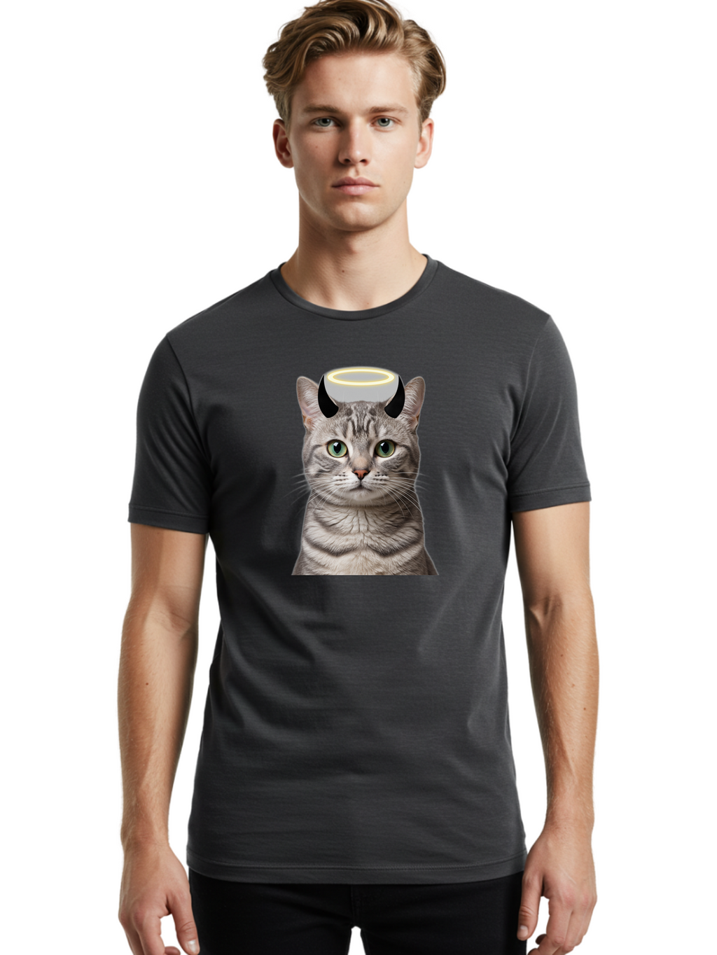 Cat-With-Halo-And-Devil-Ears Men'S Graphic Tee, 100% Cotton, Comfortable Casual Summer Wear, Machine Washable, Vintage Camera, Old Camera, Antique Camera, Black Camera, Classic Photography, Photography Equipment, Nostalgic Device, Film Camera, Bao205