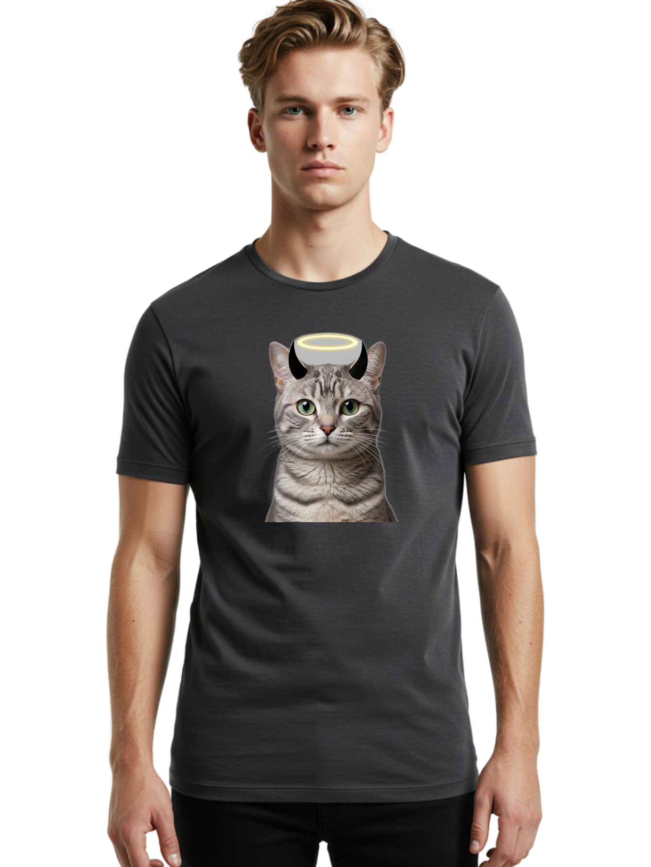 Cat-With-Halo-And-Devil-Ears Men'S Graphic Tee, 100% Cotton, Comfortable Casual Summer Wear, Machine Washable, Vintage Camera, Old Camera, Antique Camera, Black Camera, Classic Photography, Photography Equipment, Nostalgic Device, Film Camera, Bao205