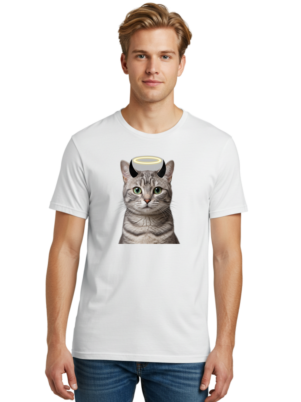 Cat-With-Halo-And-Devil-Ears Men'S Graphic Tee, 100% Cotton, Comfortable Casual Summer Wear, Machine Washable, Vintage Camera, Old Camera, Antique Camera, Black Camera, Classic Photography, Photography Equipment, Nostalgic Device, Film Camera, Bao205