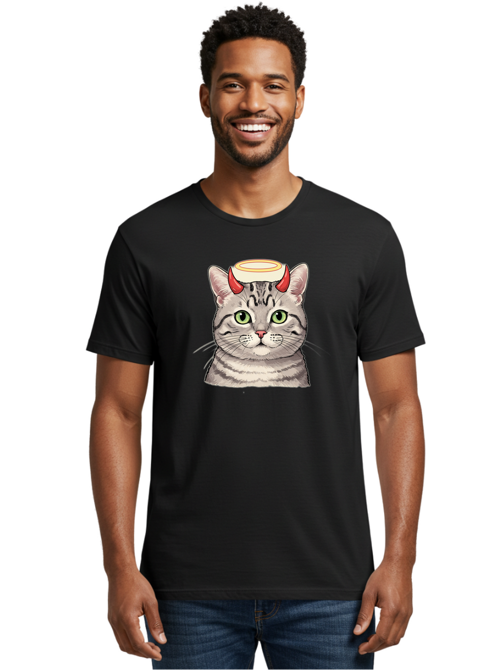 Cat-With-Halo-And-Horns Men'S Graphic Tee, 100% Cotton, Comfortable Casual Summer Wear, Machine Washable, Vintage Camera, Old Camera, Antique Camera, Black Camera, Classic Photography, Photography Equipment, Nostalgic Device, Film Camera, Bao206