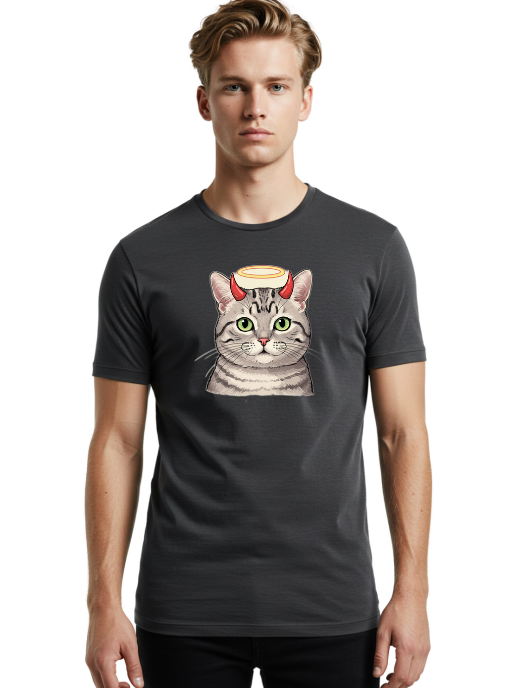 Cat-With-Halo-And-Horns Men'S Graphic Tee, 100% Cotton, Comfortable Casual Summer Wear, Machine Washable, Vintage Camera, Old Camera, Antique Camera, Black Camera, Classic Photography, Photography Equipment, Nostalgic Device, Film Camera, Bao206