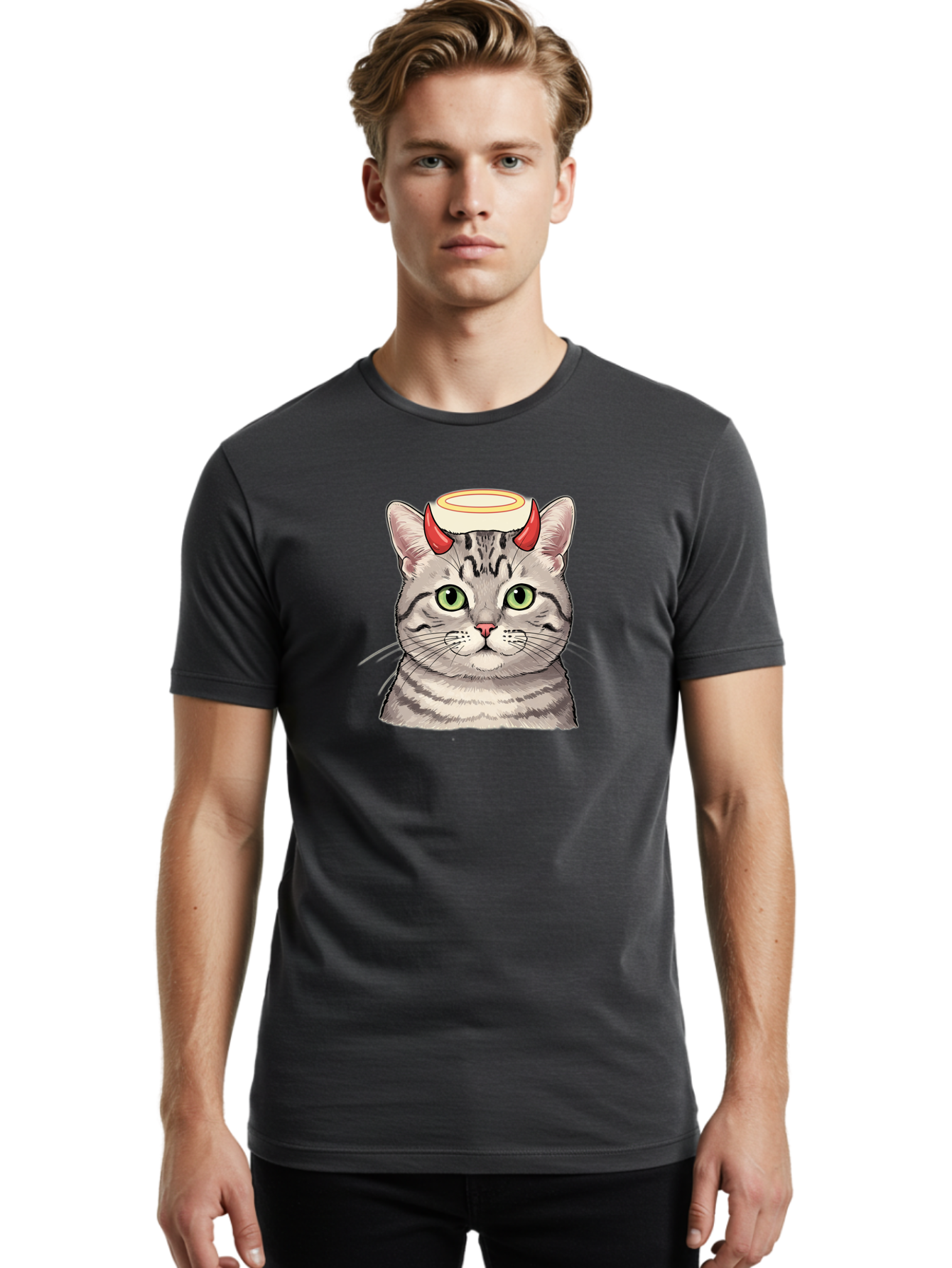 Cat-With-Halo-And-Horns Men'S Graphic Tee, 100% Cotton, Comfortable Casual Summer Wear, Machine Washable, Vintage Camera, Old Camera, Antique Camera, Black Camera, Classic Photography, Photography Equipment, Nostalgic Device, Film Camera, Bao206