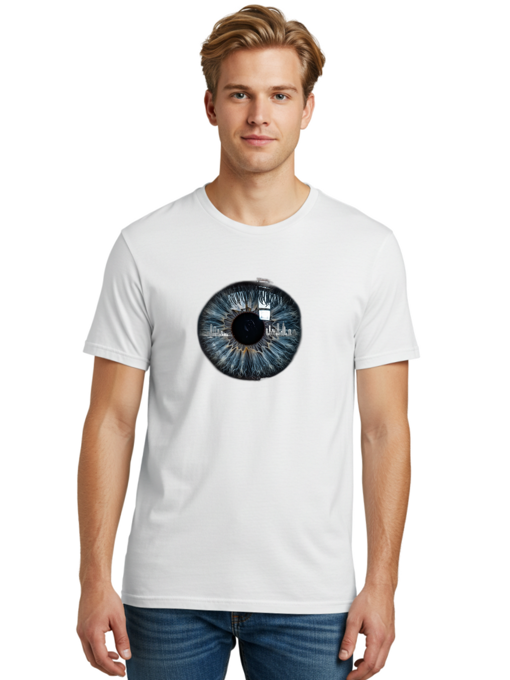 City-Skyline-In-Eye Men'S Graphic Tee, 100% Cotton, Comfortable Casual Summer Wear, Machine Washable, Vintage Camera, Old Camera, Antique Camera, Black Camera, Classic Photography, Photography Equipment, Nostalgic Device, Film Camera, Bao237