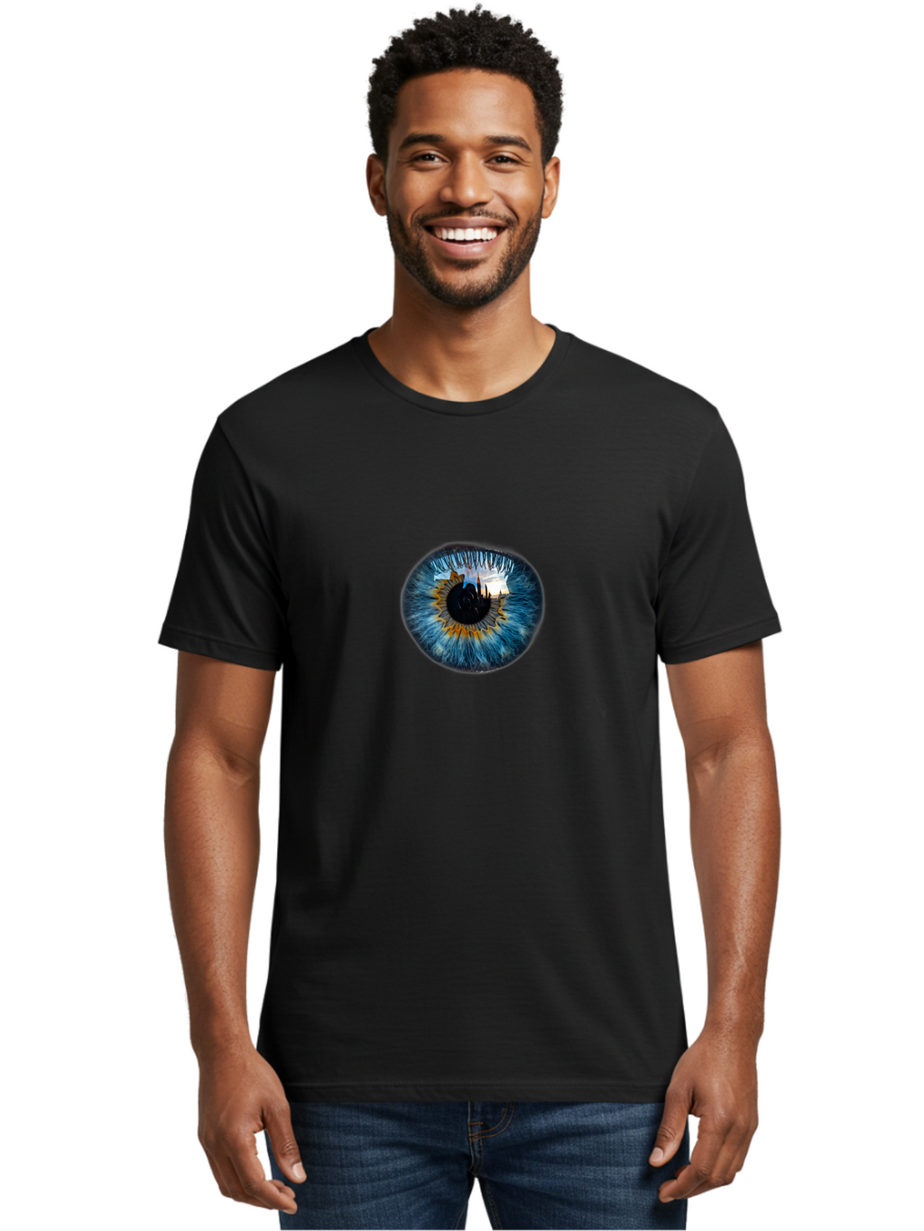Eye-With-Cityscape Men'S Graphic Tee, 100% Cotton, Comfortable Casual Summer Wear, Machine Washable, Vintage Camera, Old Camera, Antique Camera, Black Camera, Classic Photography, Photography Equipment, Nostalgic Device, Film Camera, Bao399