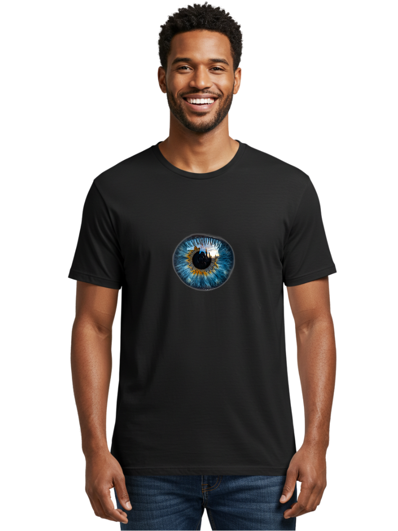 Eye-With-Cityscape Men'S Graphic Tee, 100% Cotton, Comfortable Casual Summer Wear, Machine Washable, Vintage Camera, Old Camera, Antique Camera, Black Camera, Classic Photography, Photography Equipment, Nostalgic Device, Film Camera, Bao399