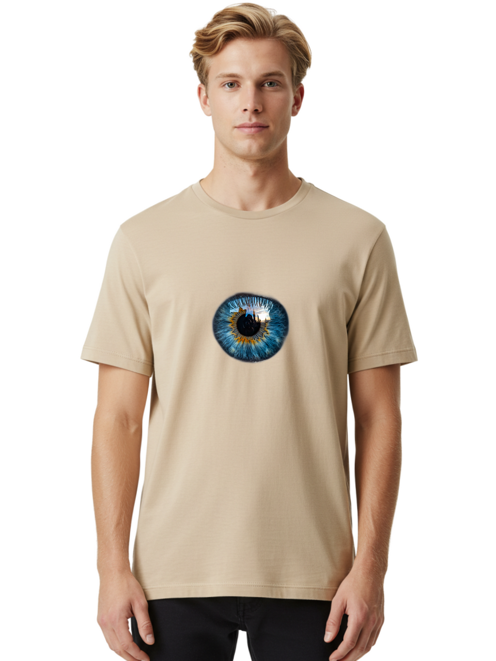 Eye-With-Cityscape Men'S Graphic Tee, 100% Cotton, Comfortable Casual Summer Wear, Machine Washable, Vintage Camera, Old Camera, Antique Camera, Black Camera, Classic Photography, Photography Equipment, Nostalgic Device, Film Camera, Bao399