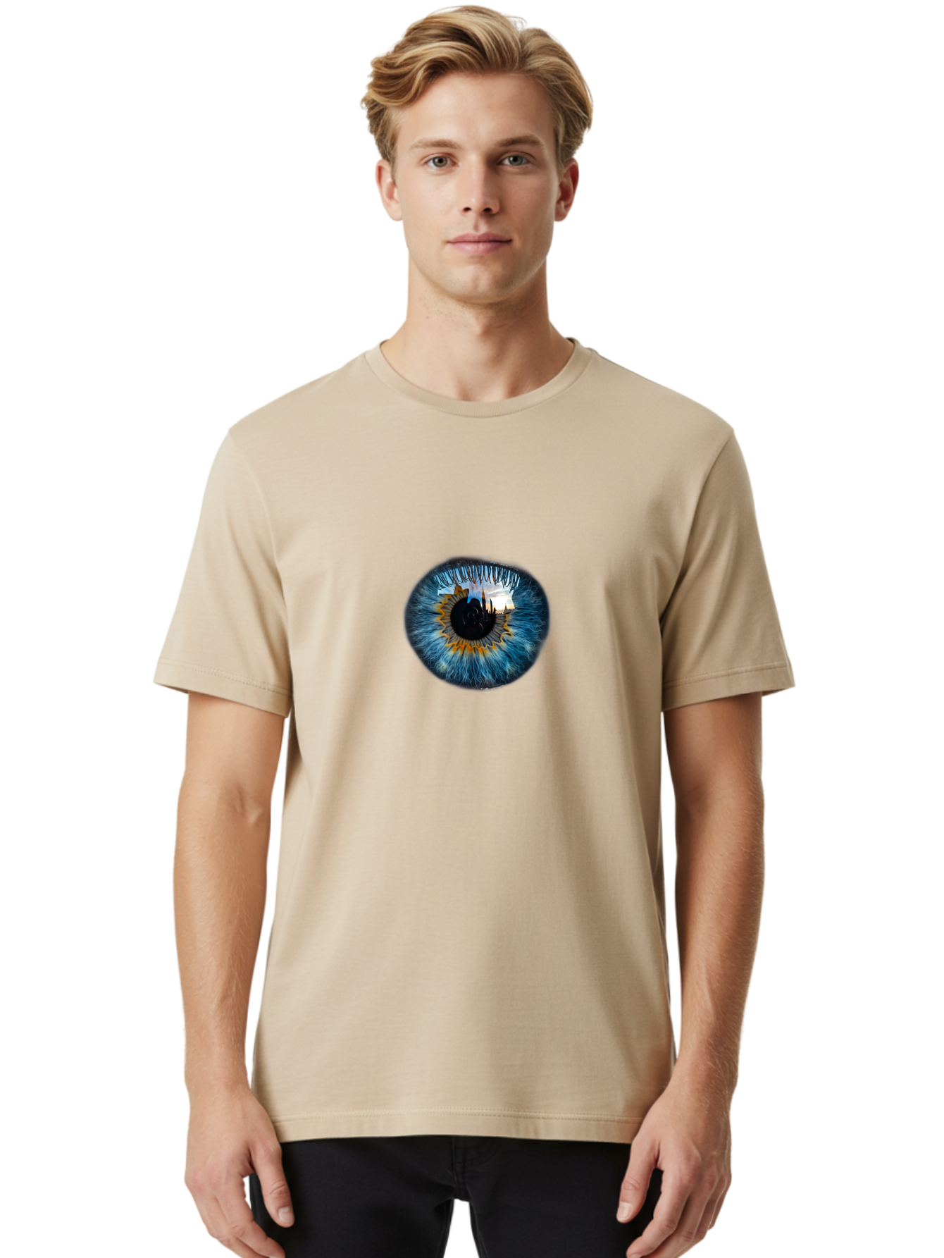 Eye-With-Cityscape Men'S Graphic Tee, 100% Cotton, Comfortable Casual Summer Wear, Machine Washable, Vintage Camera, Old Camera, Antique Camera, Black Camera, Classic Photography, Photography Equipment, Nostalgic Device, Film Camera, Bao399