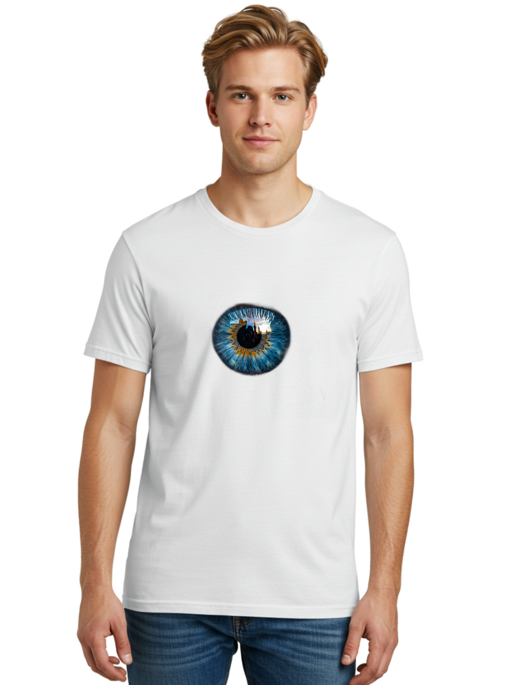 Eye-With-Cityscape Men'S Graphic Tee, 100% Cotton, Comfortable Casual Summer Wear, Machine Washable, Vintage Camera, Old Camera, Antique Camera, Black Camera, Classic Photography, Photography Equipment, Nostalgic Device, Film Camera, Bao399