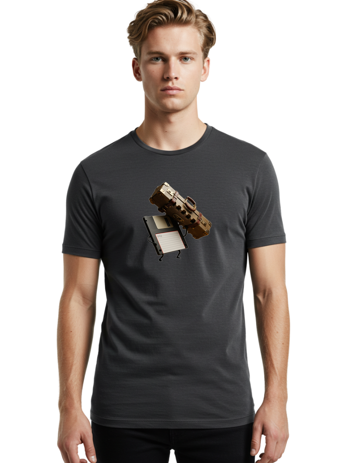 Floppy-Disk-And-Suitcase Men'S Graphic Tee, 100% Cotton, Comfortable Casual Summer Wear, Machine Washable, Vintage Camera, Old Camera, Antique Camera, Black Camera, Classic Photography, Photography Equipment, Nostalgic Device, Film Camera, Bao419