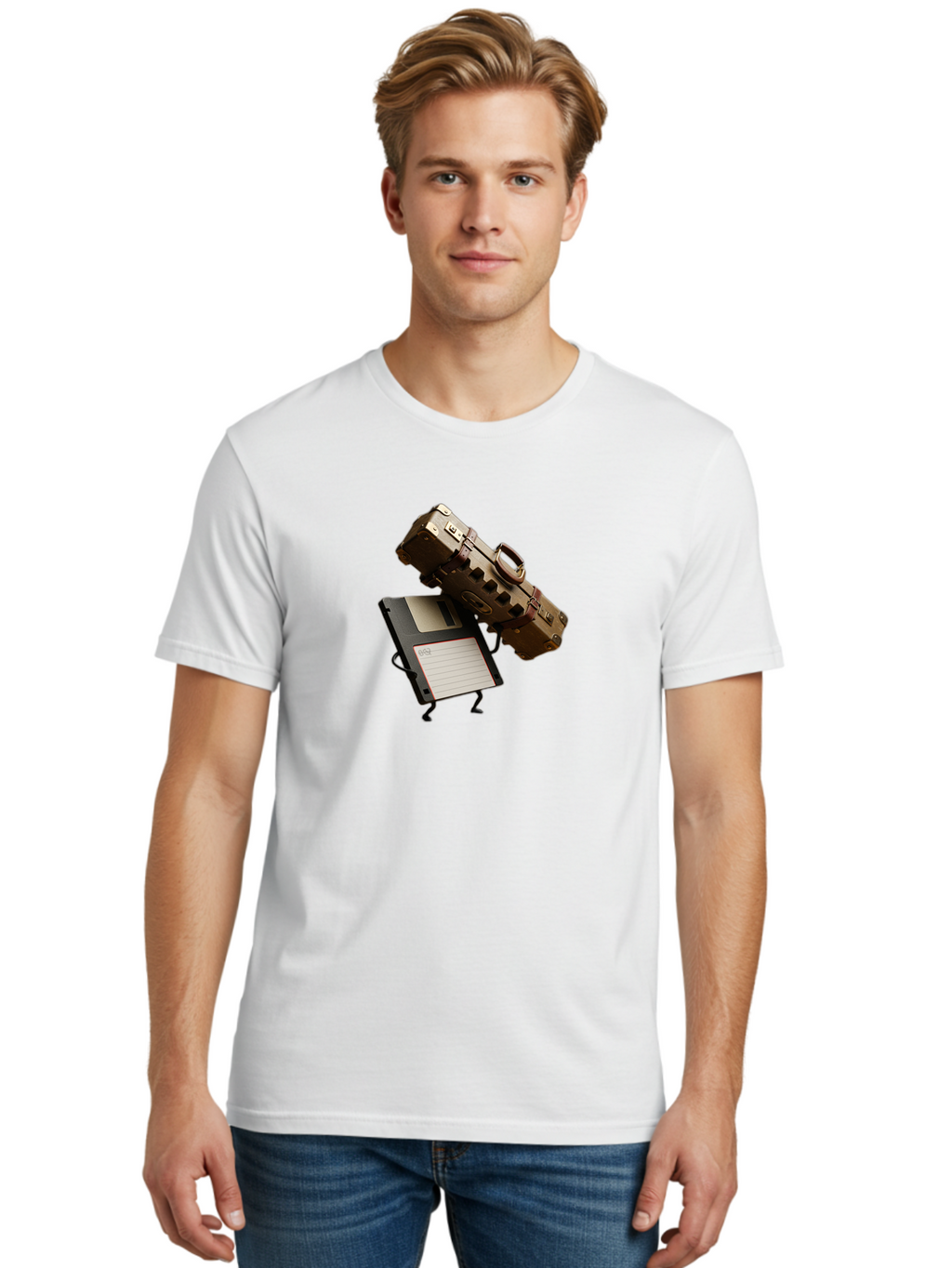 Floppy-Disk-And-Suitcase Men'S Graphic Tee, 100% Cotton, Comfortable Casual Summer Wear, Machine Washable, Vintage Camera, Old Camera, Antique Camera, Black Camera, Classic Photography, Photography Equipment, Nostalgic Device, Film Camera, Bao419