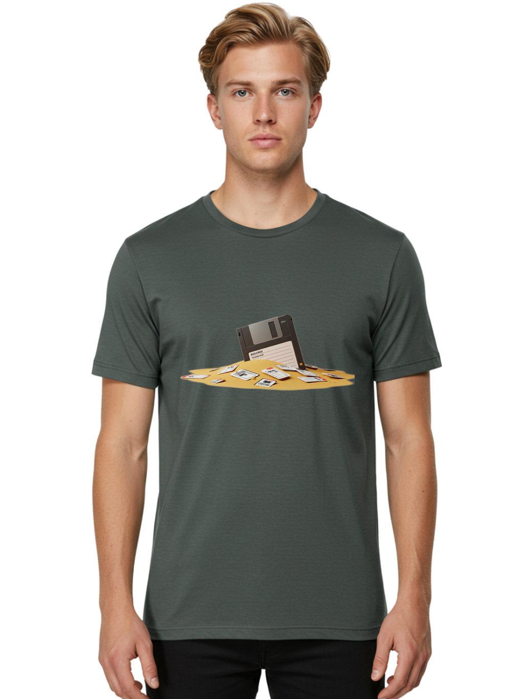 Floppy-Disk-In-Desert-Sand Men'S Graphic Tee, 100% Cotton, Comfortable Casual Summer Wear, Machine Washable, Vintage Camera, Old Camera, Antique Camera, Black Camera, Classic Photography, Photography Equipment, Nostalgic Device, Film Camera, Bao421