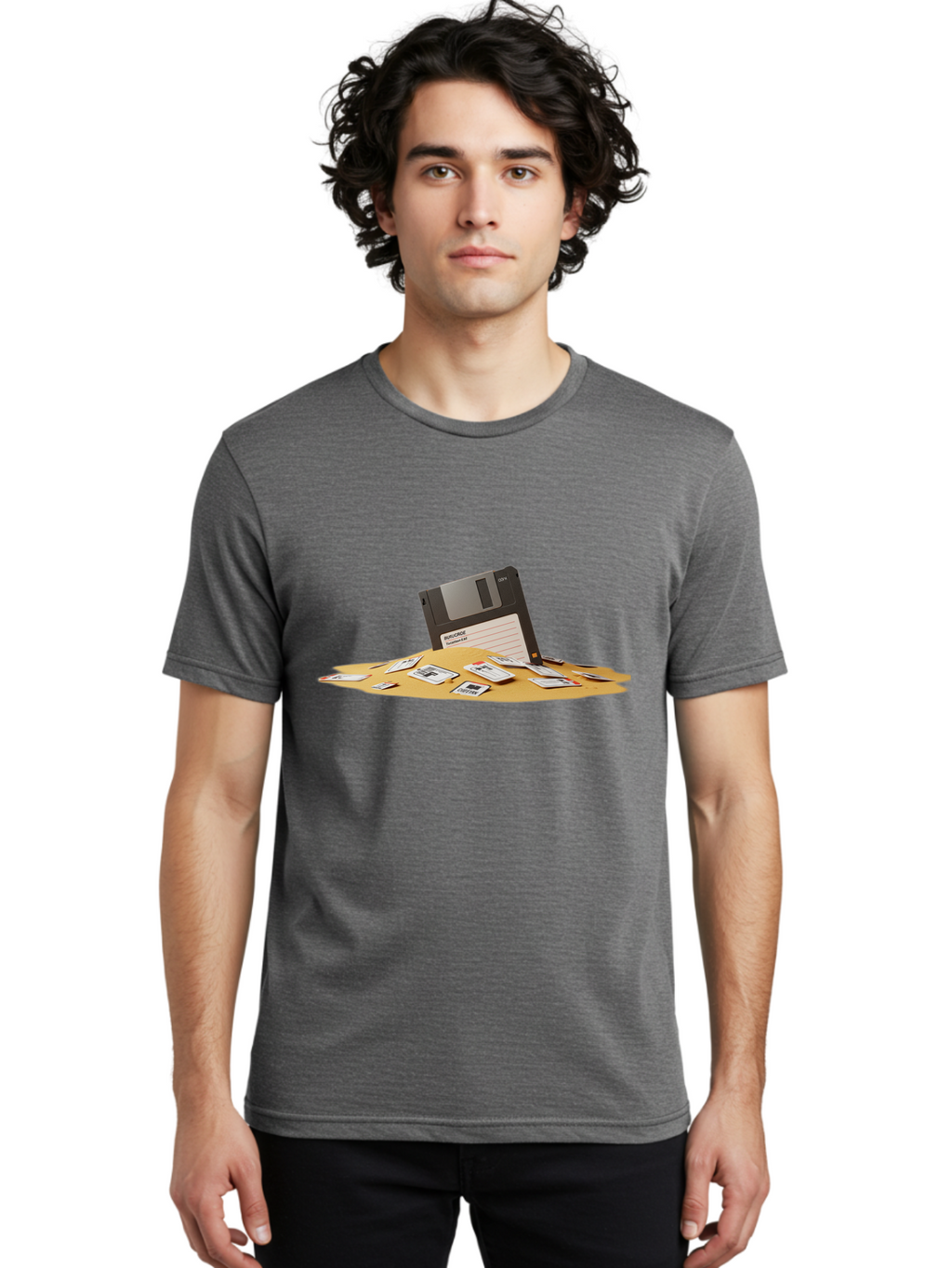 Floppy-Disk-In-Desert-Sand Men'S Graphic Tee, 100% Cotton, Comfortable Casual Summer Wear, Machine Washable, Vintage Camera, Old Camera, Antique Camera, Black Camera, Classic Photography, Photography Equipment, Nostalgic Device, Film Camera, Bao421