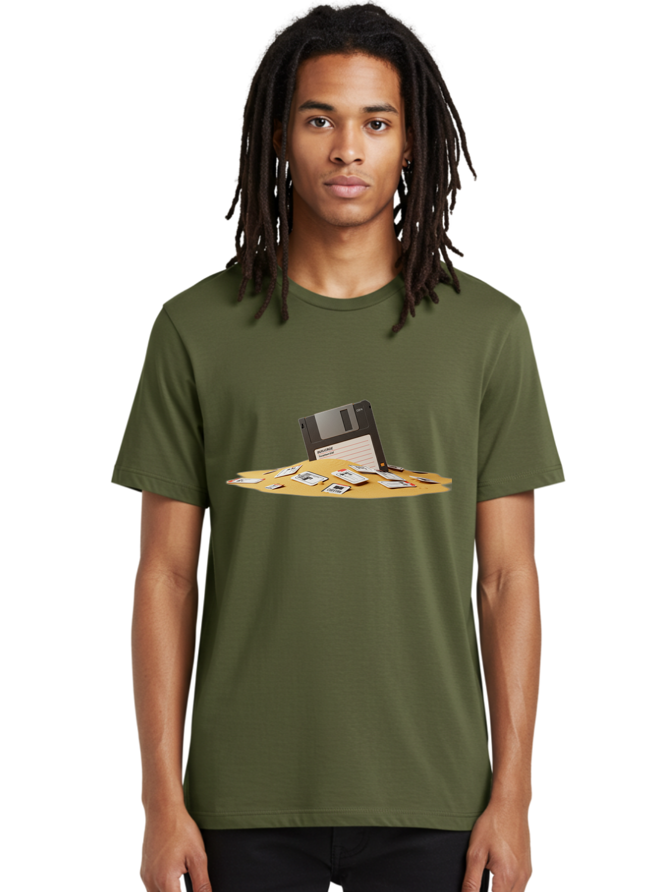 Floppy-Disk-In-Desert-Sand Men'S Graphic Tee, 100% Cotton, Comfortable Casual Summer Wear, Machine Washable, Vintage Camera, Old Camera, Antique Camera, Black Camera, Classic Photography, Photography Equipment, Nostalgic Device, Film Camera, Bao421