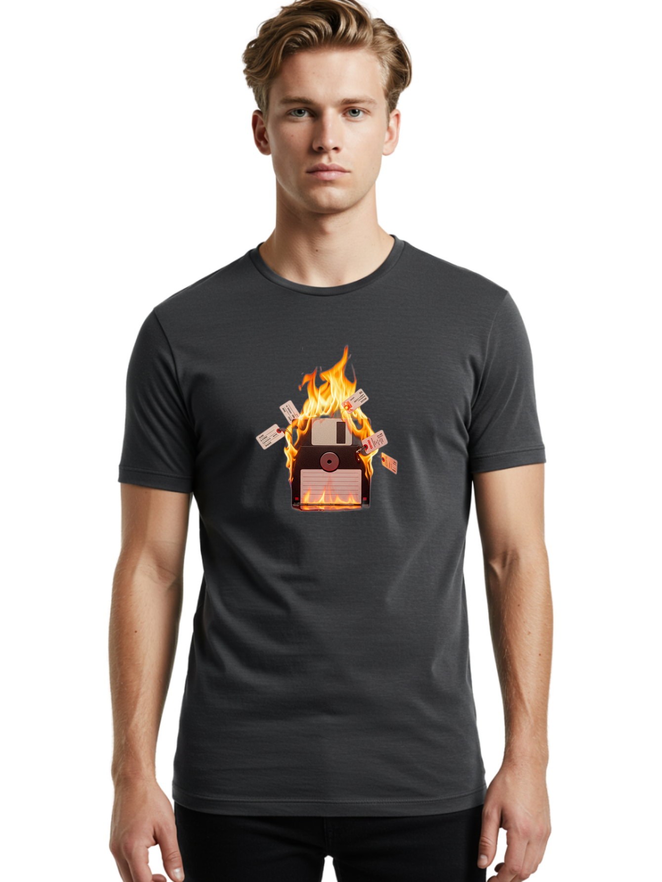 Floppy-Disk-On-Fire Men'S Graphic Tee, 100% Cotton, Comfortable Casual Summer Wear, Machine Washable, Vintage Camera, Old Camera, Antique Camera, Black Camera, Classic Photography, Photography Equipment, Nostalgic Device, Film Camera, Bao424