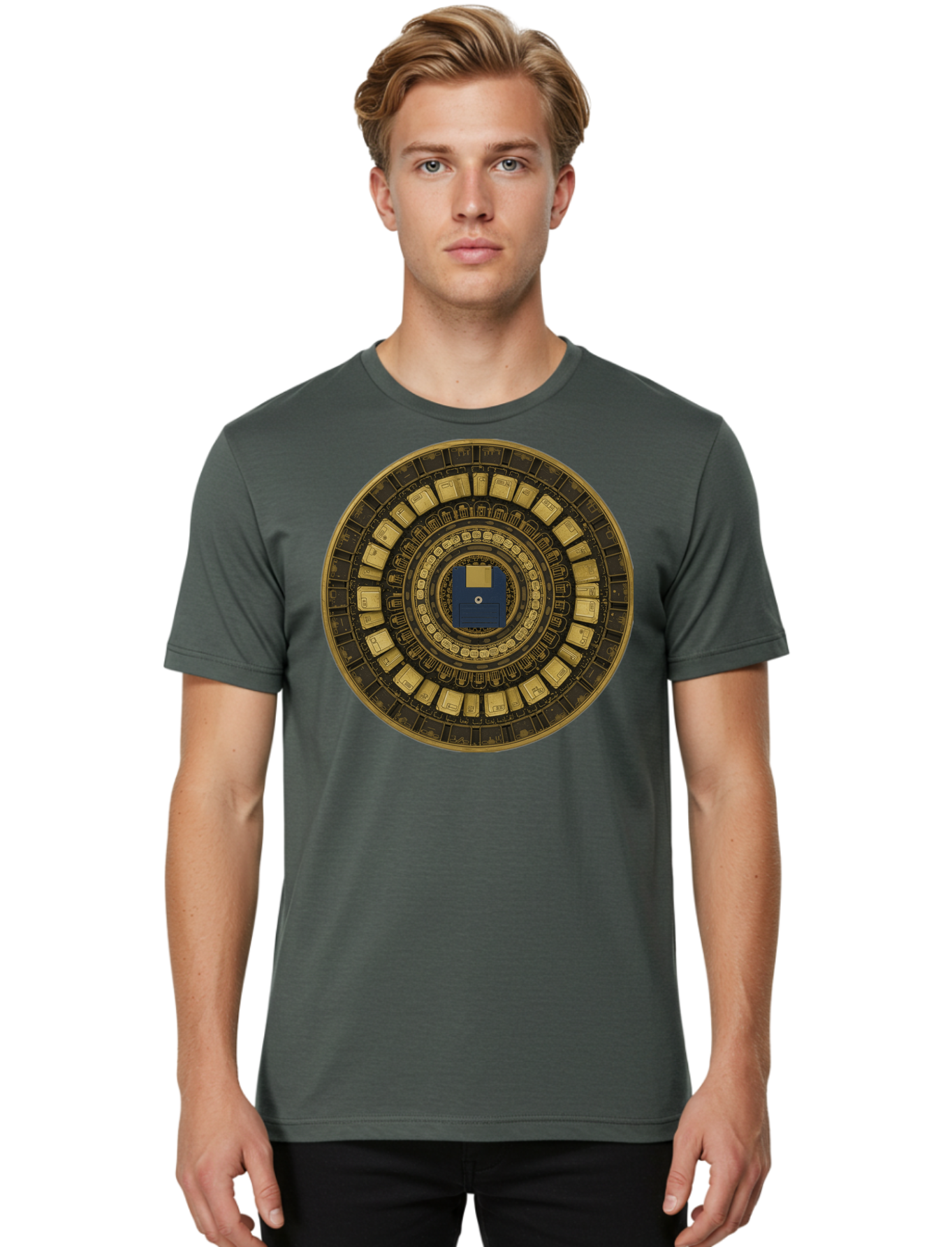 Floppy-Disk-Spiral Men'S Graphic Tee, 100% Cotton, Comfortable Casual Summer Wear, Machine Washable, Vintage Camera, Old Camera, Antique Camera, Black Camera, Classic Photography, Photography Equipment, Nostalgic Device, Film Camera, Bao425