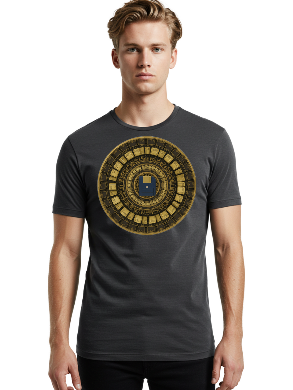 Floppy-Disk-Spiral Men'S Graphic Tee, 100% Cotton, Comfortable Casual Summer Wear, Machine Washable, Vintage Camera, Old Camera, Antique Camera, Black Camera, Classic Photography, Photography Equipment, Nostalgic Device, Film Camera, Bao425