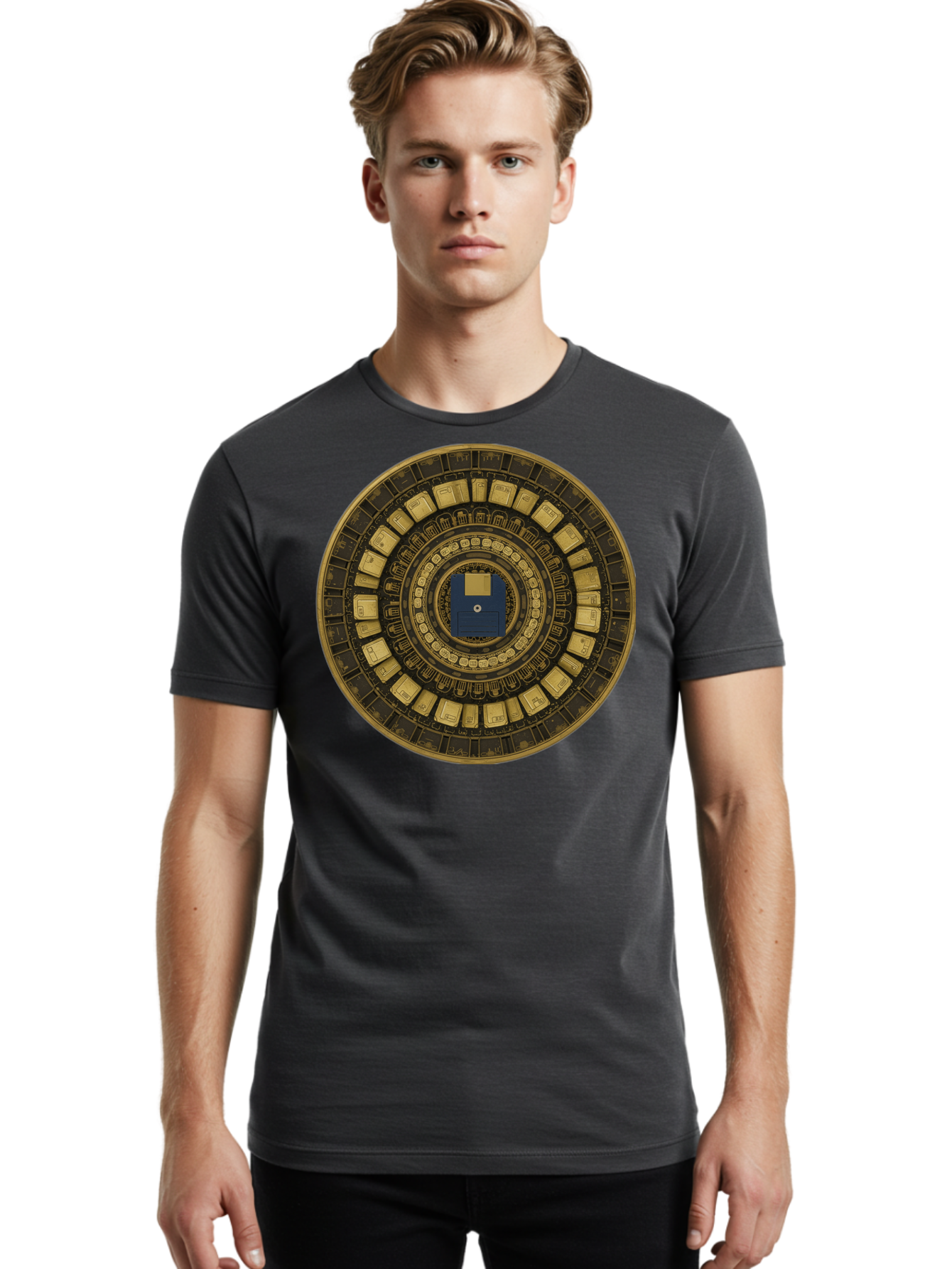 Floppy-Disk-Spiral Men'S Graphic Tee, 100% Cotton, Comfortable Casual Summer Wear, Machine Washable, Vintage Camera, Old Camera, Antique Camera, Black Camera, Classic Photography, Photography Equipment, Nostalgic Device, Film Camera, Bao425