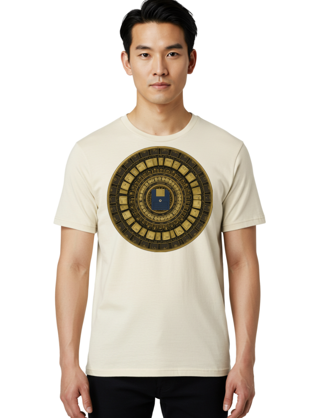 Floppy-Disk-Spiral Men'S Graphic Tee, 100% Cotton, Comfortable Casual Summer Wear, Machine Washable, Vintage Camera, Old Camera, Antique Camera, Black Camera, Classic Photography, Photography Equipment, Nostalgic Device, Film Camera, Bao425
