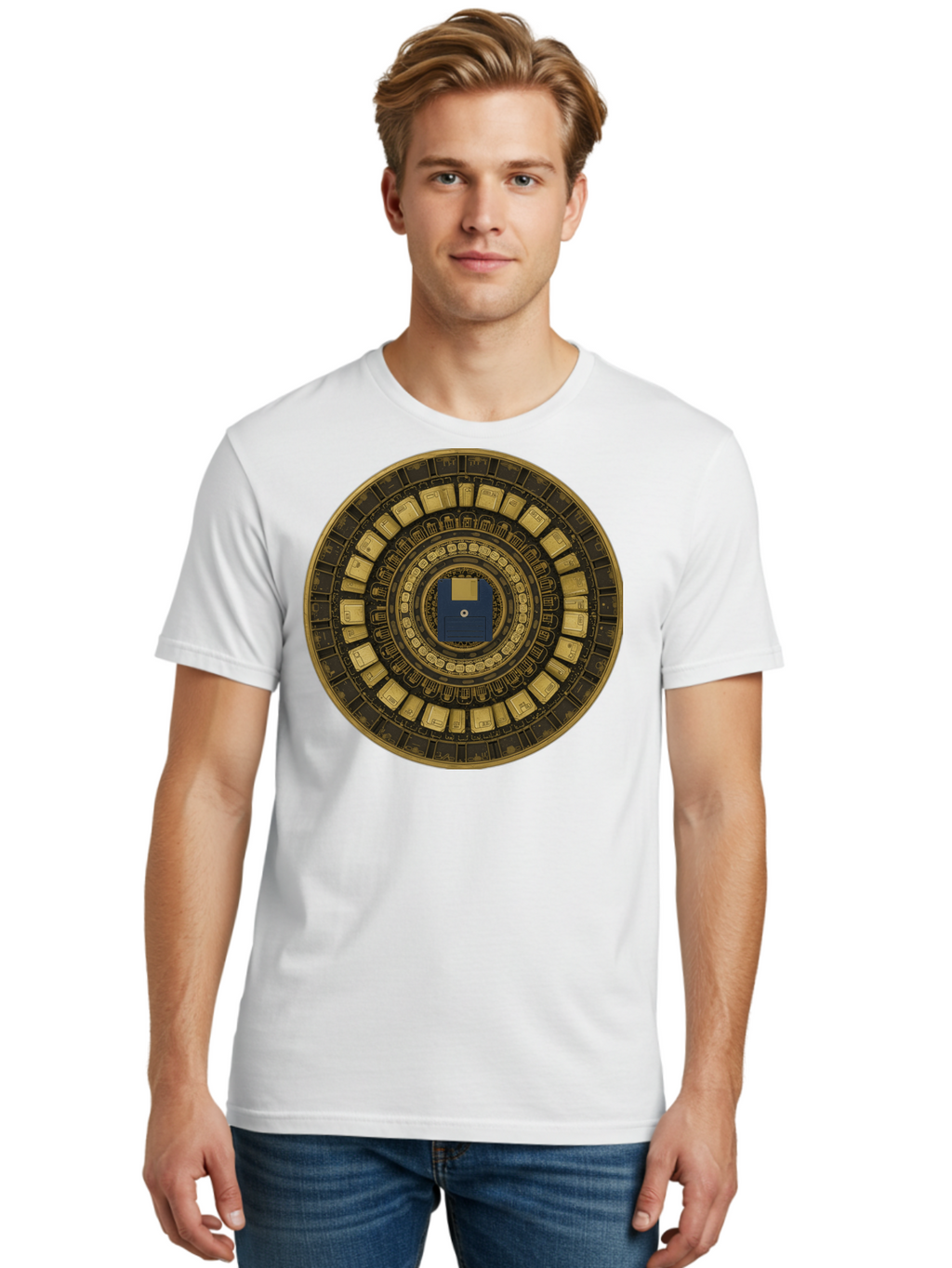 Floppy-Disk-Spiral Men'S Graphic Tee, 100% Cotton, Comfortable Casual Summer Wear, Machine Washable, Vintage Camera, Old Camera, Antique Camera, Black Camera, Classic Photography, Photography Equipment, Nostalgic Device, Film Camera, Bao425