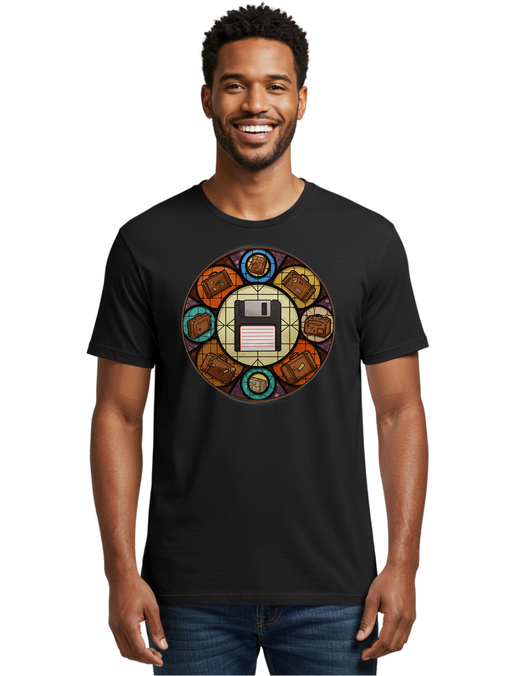 Floppy-Disk-Stained-Glass Men'S Graphic Tee, 100% Cotton, Comfortable Casual Summer Wear, Machine Washable, Vintage Camera, Old Camera, Antique Camera, Black Camera, Classic Photography, Photography Equipment, Nostalgic Device, Film Camera, Bao426